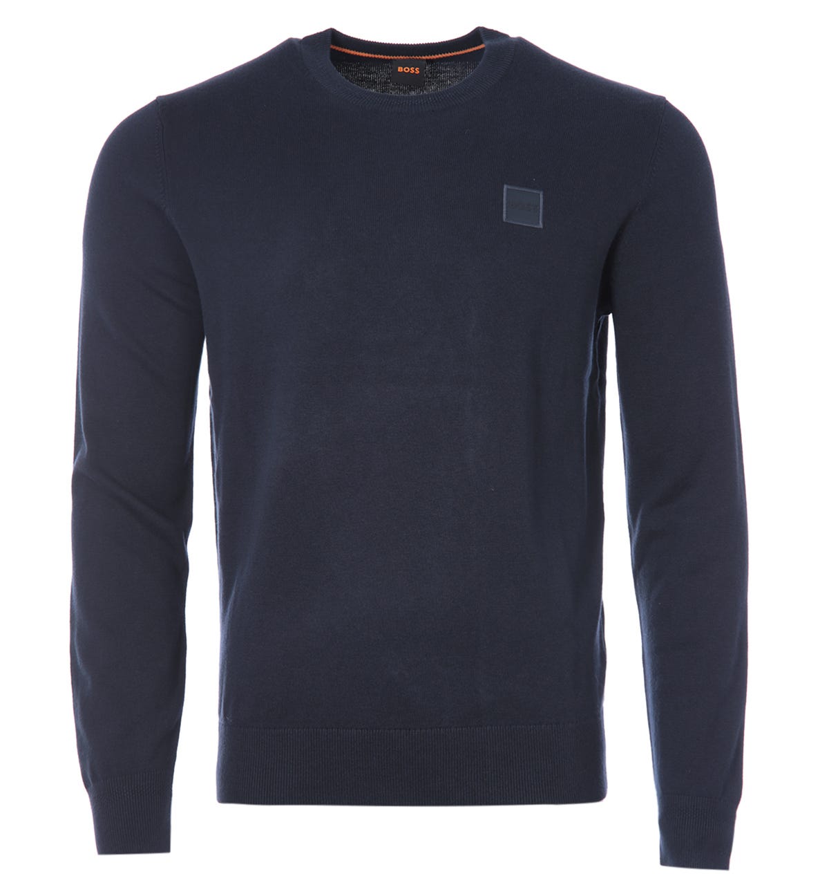 Boss Mens Logo Patch Crew Neck Jumper - Navy - Blue Cotton - Size Small