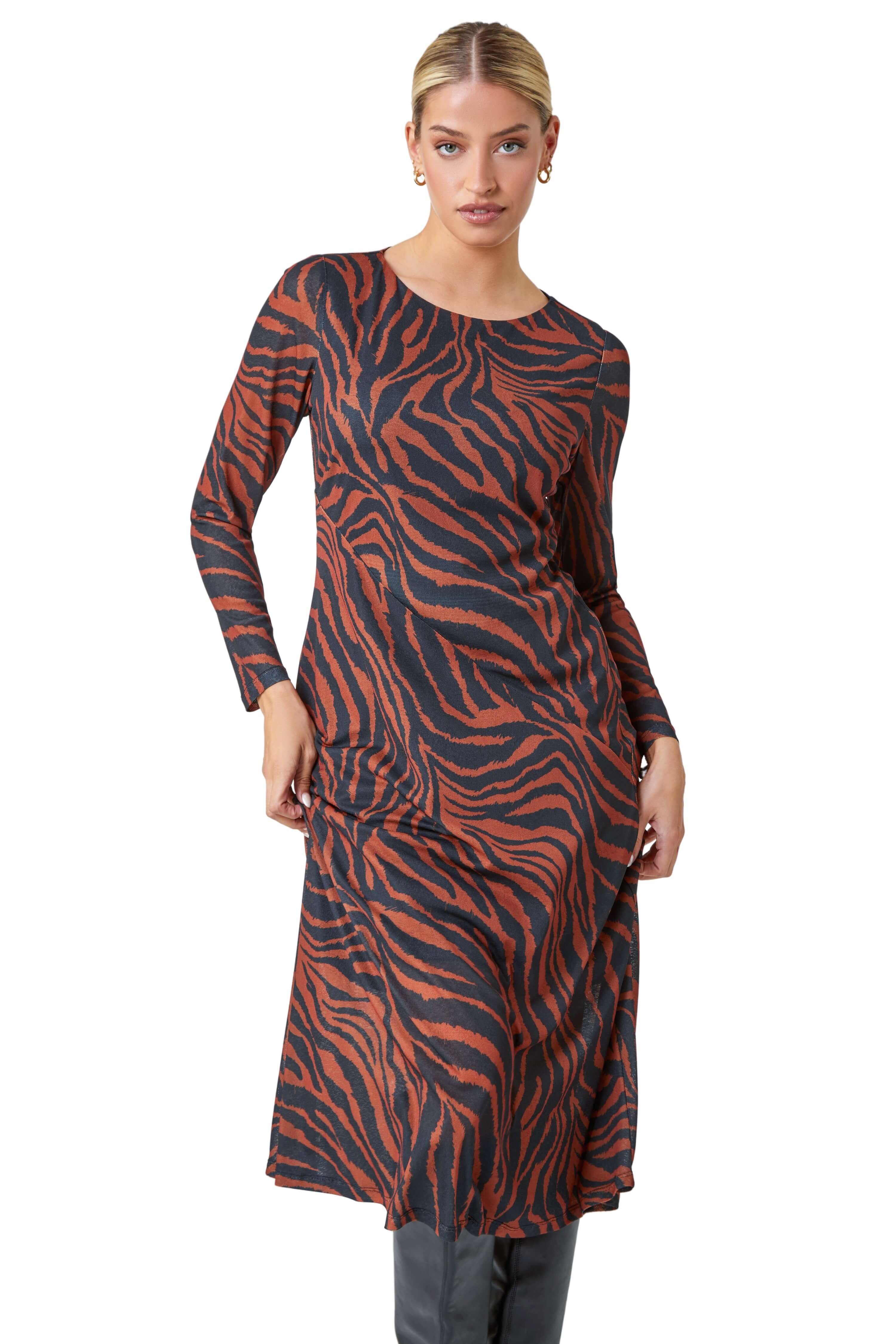 Dusk Womens Animal Print Mesh Midi Stretch Dress - Tan - Size 8 UK