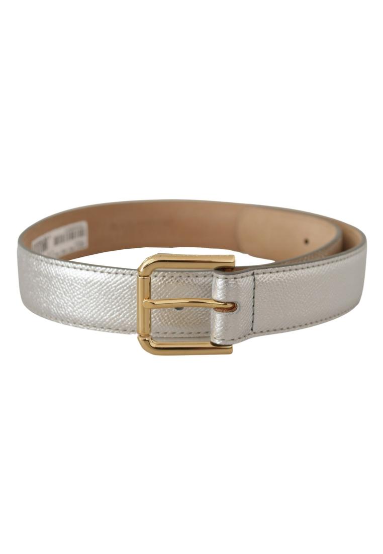 Dolce & Gabbana WoMens Silver Leather Gold Tone Logo Metal Waist Buckle Belt - Size 65 cm