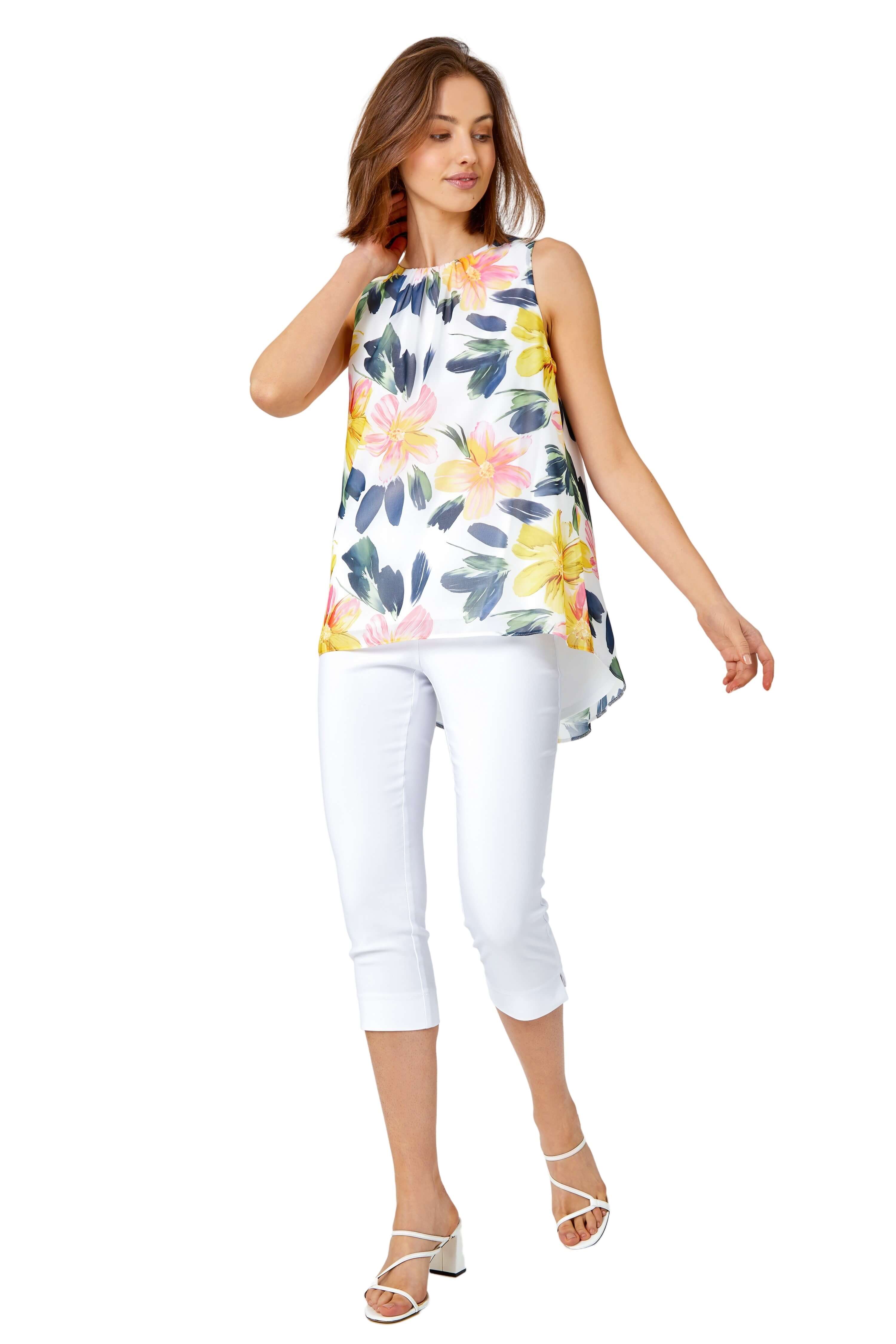 Roman Womens Floral Print Sleeveless Top - Yellow - Size 10 UK