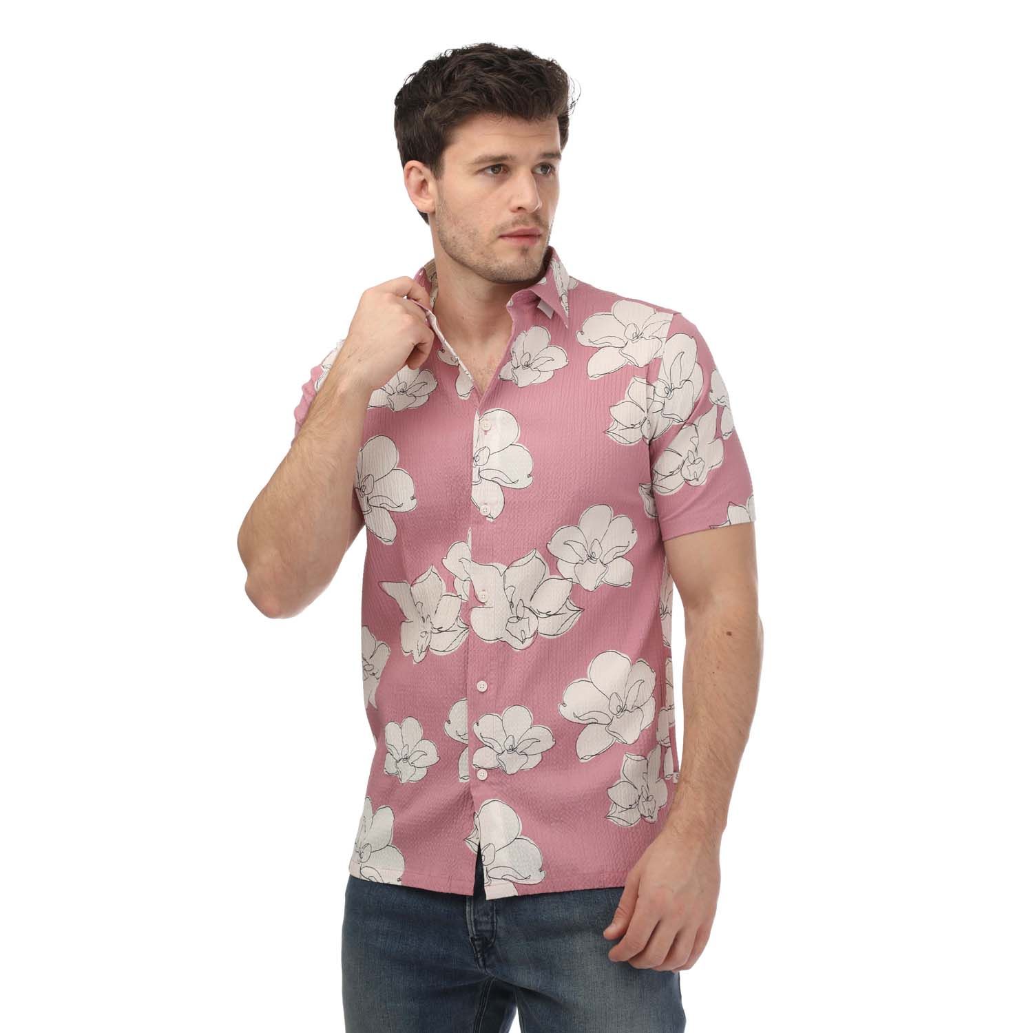 Ted Baker Mens Coving Short Sleeve Seersucker Floral Print Shirt in Pink Cotton - Size Medium