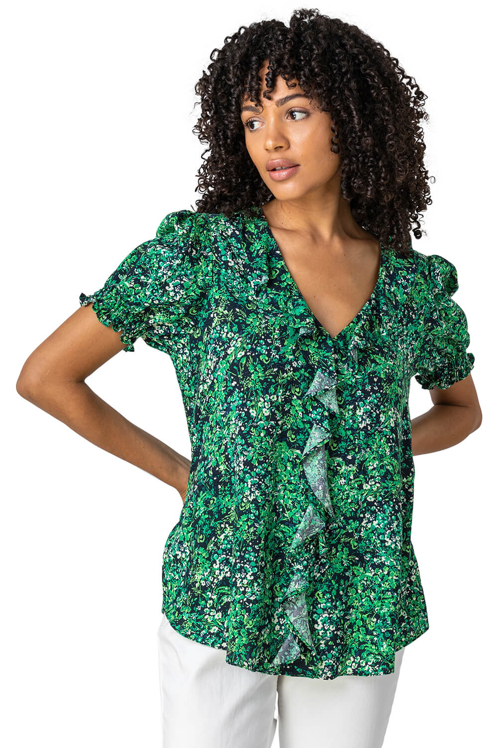 Roman Womens Floral Print Frill Detail Blouse - Green Denim - Size 20 UK