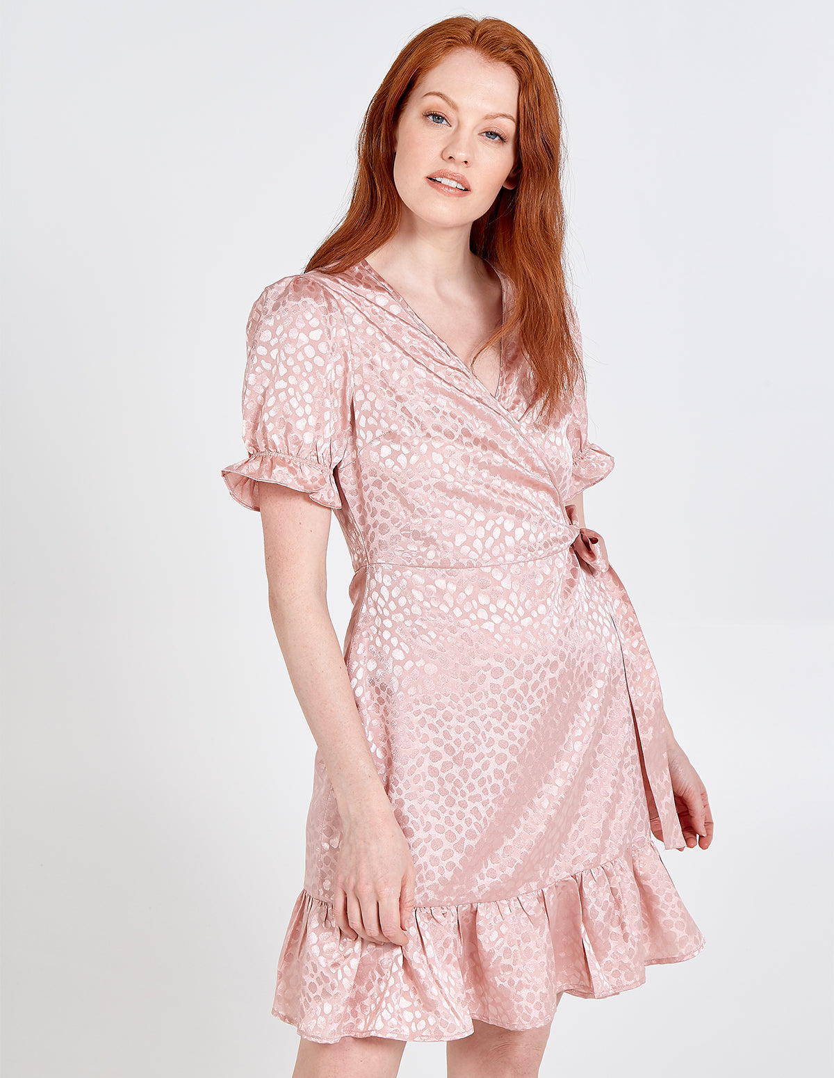 Pink Vanilla Womens Animal Spot Wrap Over Puff Sleeve Dress - Size 14 UK