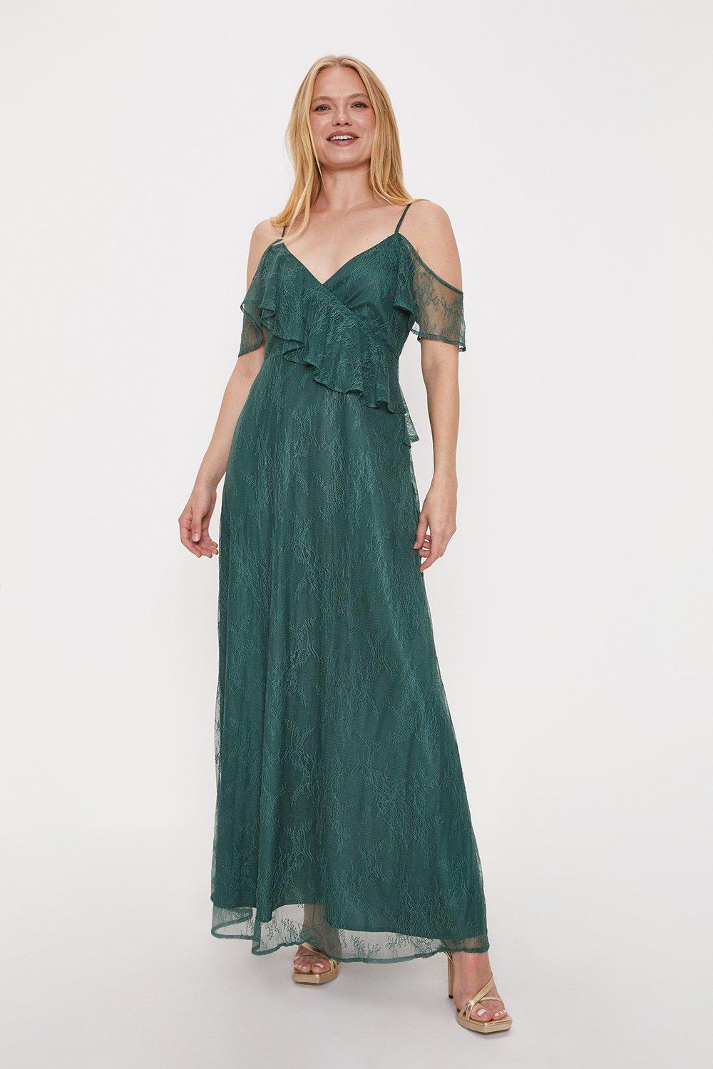 Oasis Womens Delicate Lace Cold Shoulder Maxi Dress - Emerald - Size 8 UK