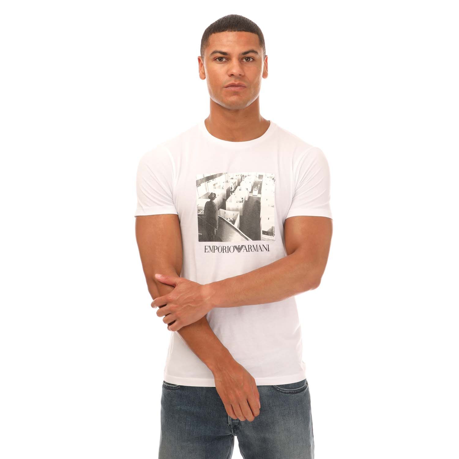 Armani Mens Printed Crewneck T-Shirt in White Cotton - Size X-Large