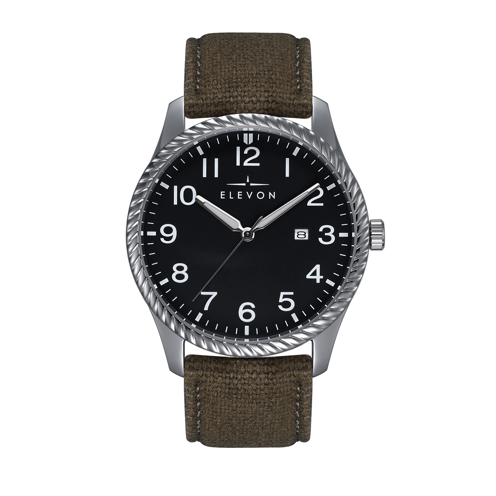 Elevon Mens Crosswind Canvas-Overlaid Leather-Band Watch w/ Date - Olive Metal - One Size