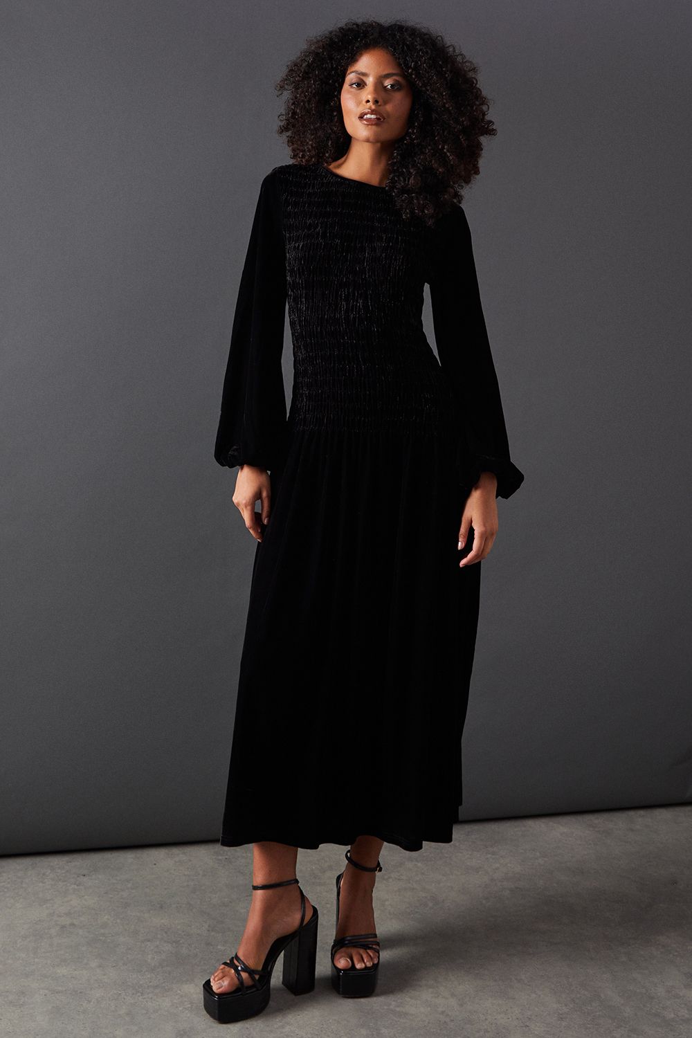 Warehouse Womens Velvet Ruched Body Puff Sleeve Midi Dress - Black - Size 6 Uk