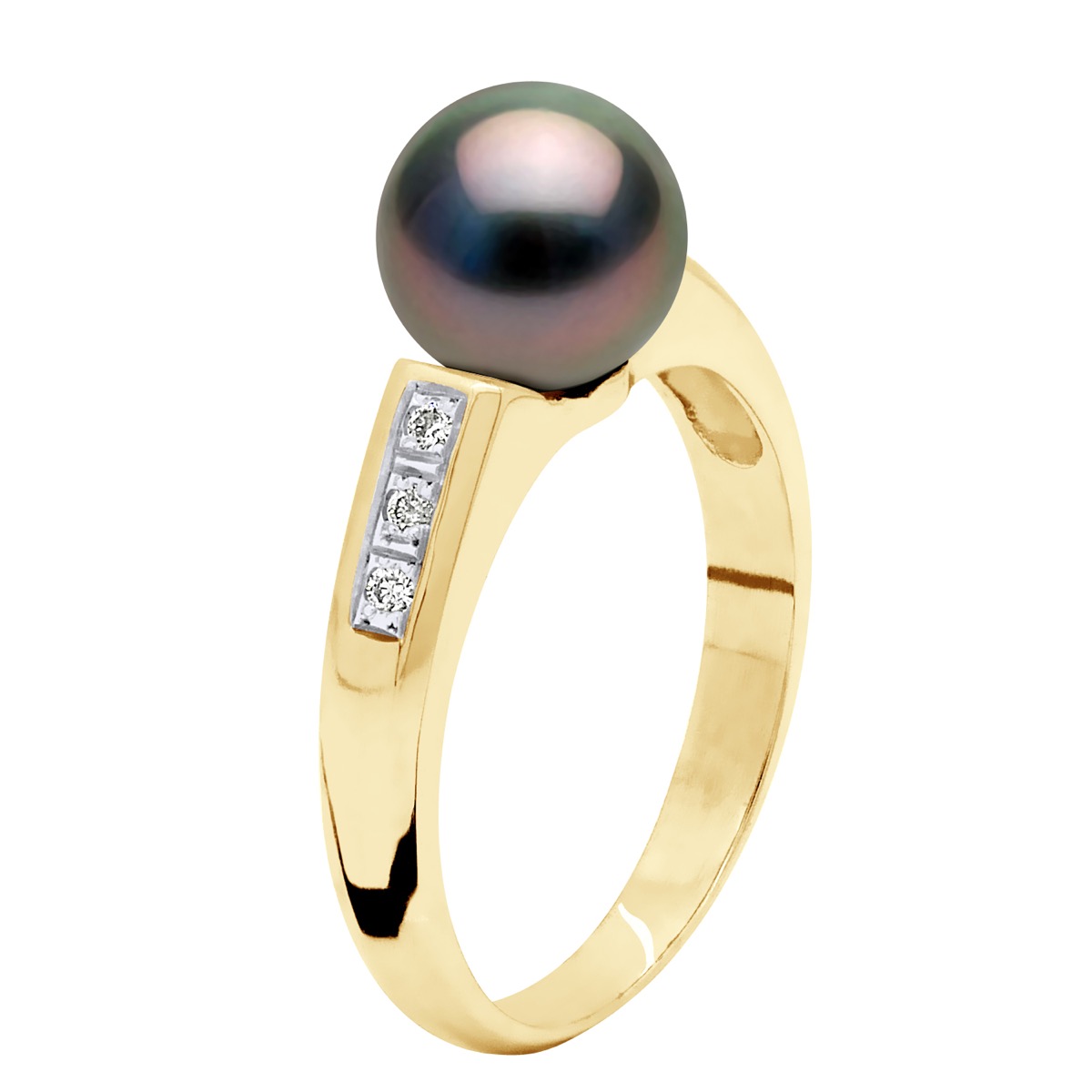 Ateliers Saint Germain Womens Ring Jewelry Diamond 0,06 Cts - Yellow Gold - Real Cultured Tahiti Pearl Round 8-9 mm - Black - Size O 1/2