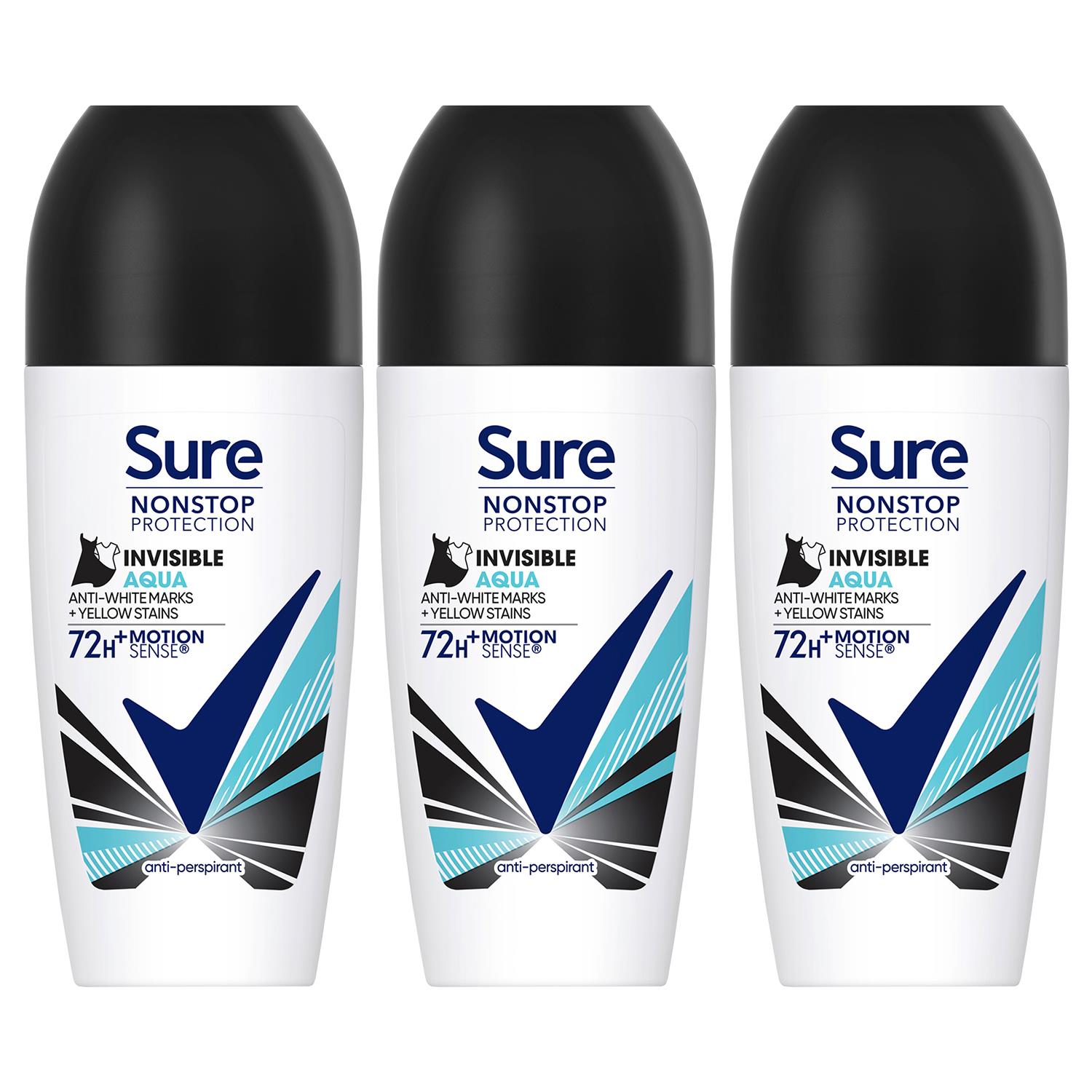 Sure Womens Women Motion Sense AP Deodorant Rollon 72H Nonstop, Invisible Aqua, 50ml, 3 Pack - Black - One Size