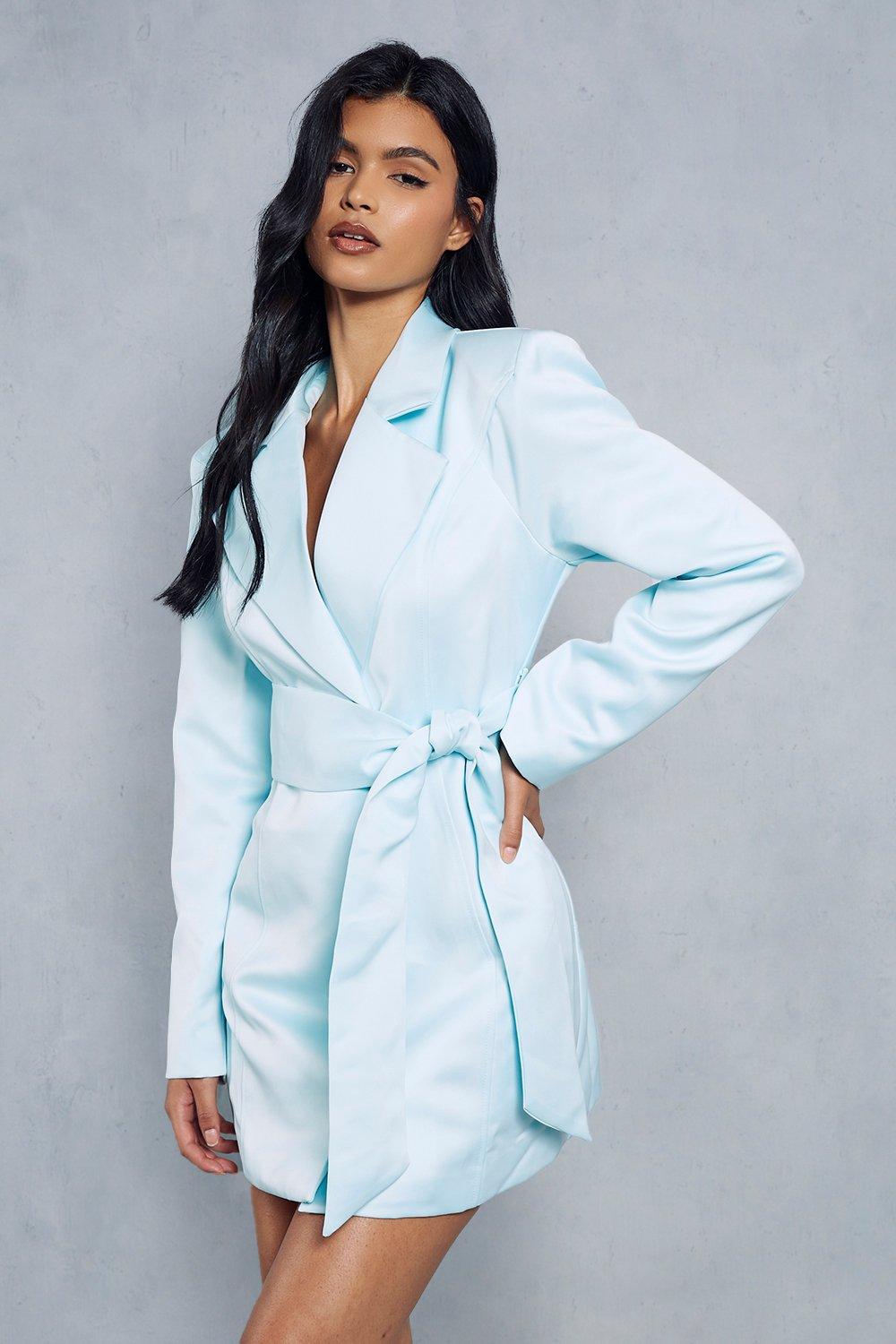 MissPap Womens Tailored Satin Belted Blazer Dress - Blue - Size 10 UK