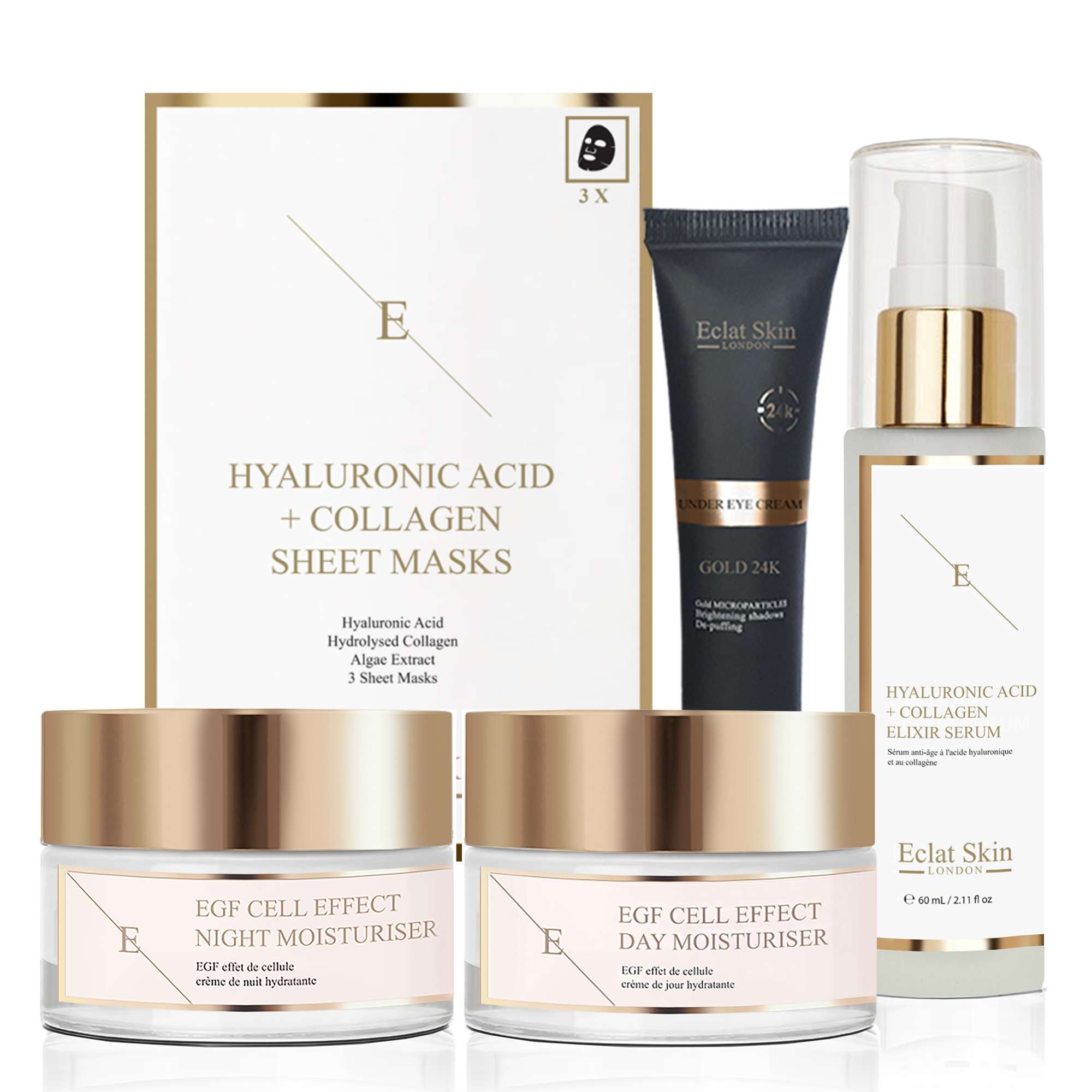 Eclat Skin London Unisex EGF Cell Effect Day Moisturiser 50ml + EGF Night + Hyaluronic Acid & Collagen Mask - 3 Sheets + Anti-Wrinkle Elixir Serum 24K Gold - 60ml + Under Eye Cream 24K (15ml) - One Size