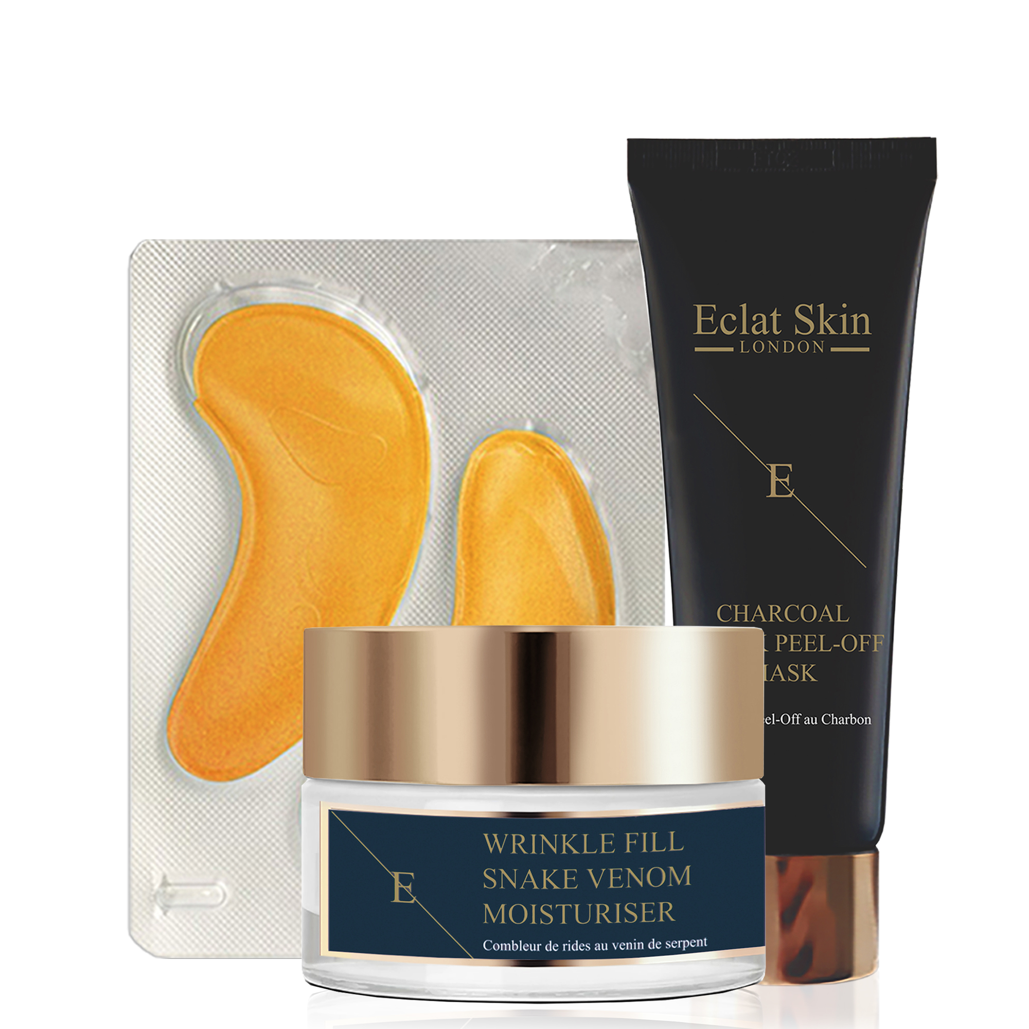 Eclat Skin London Unisex Collagen Gold Under Eye Patch 24K - 5x2 Pads + Purifying Charcoal Black Peel-Off Mask 24K - 50ml + Wrinkle Fill Snake Venom Moisturiser - One Size