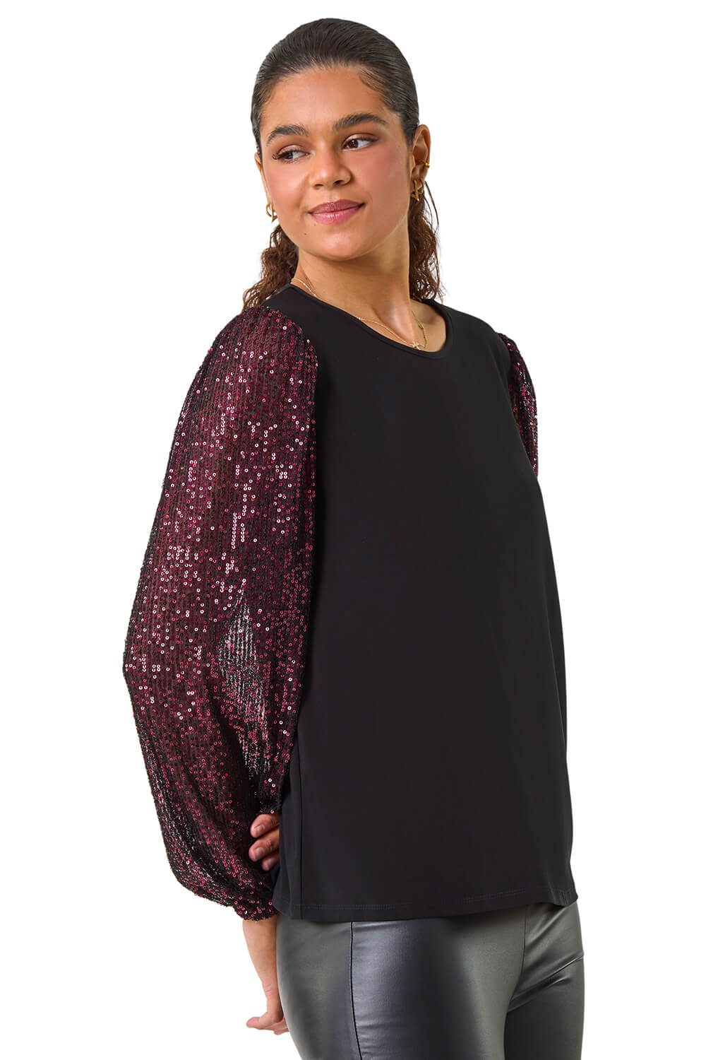 Roman Womens Sequin Sleeve Stretch Top - Purple - Size 18 UK