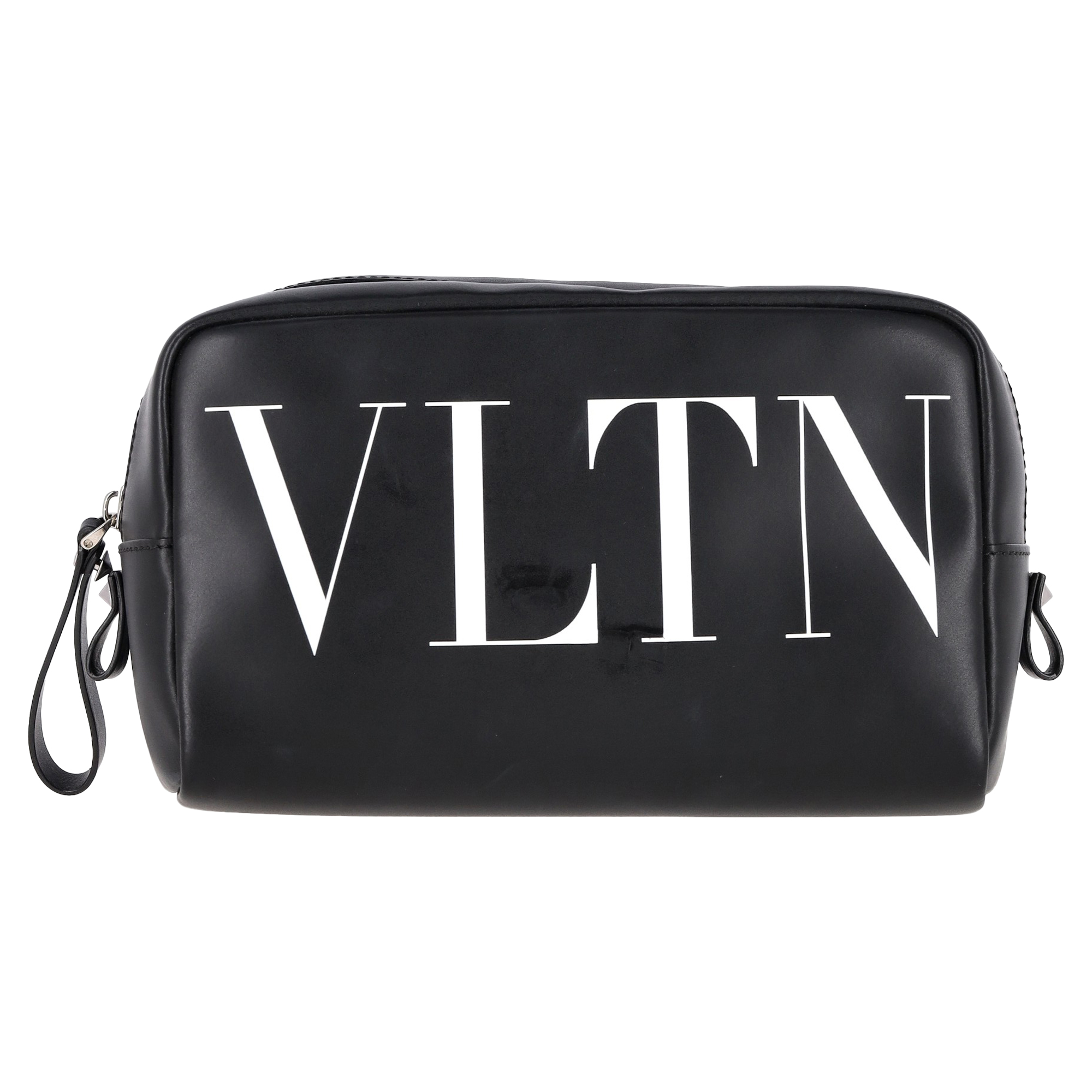 Valentino Pre-owned Mens Garavani VLTN-Print Wash Bag in Black Leather - One Size