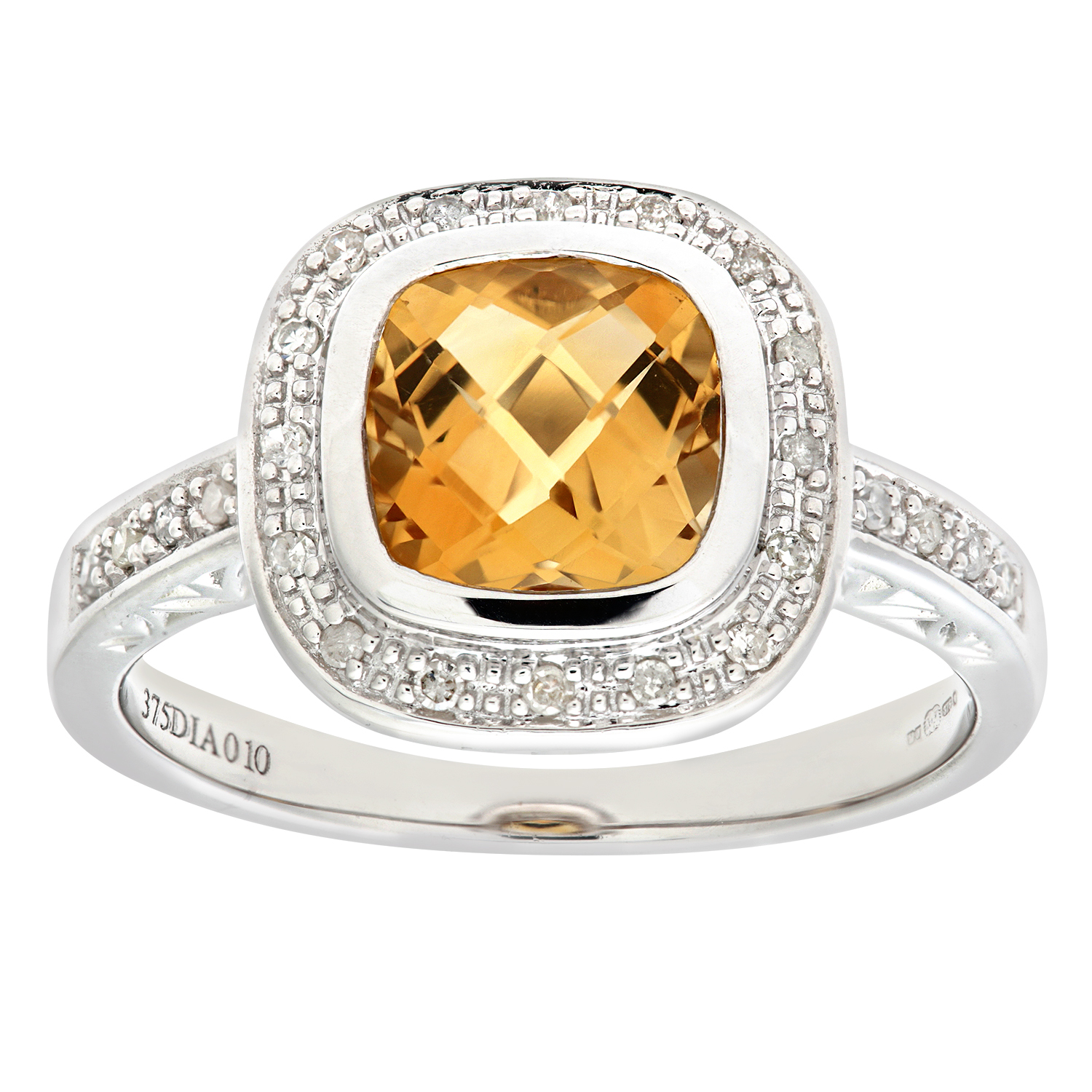 Diamant L'Eternel Womens 9ct White Gold Cushion Shaped Citrine And Diamond Ring - Size K