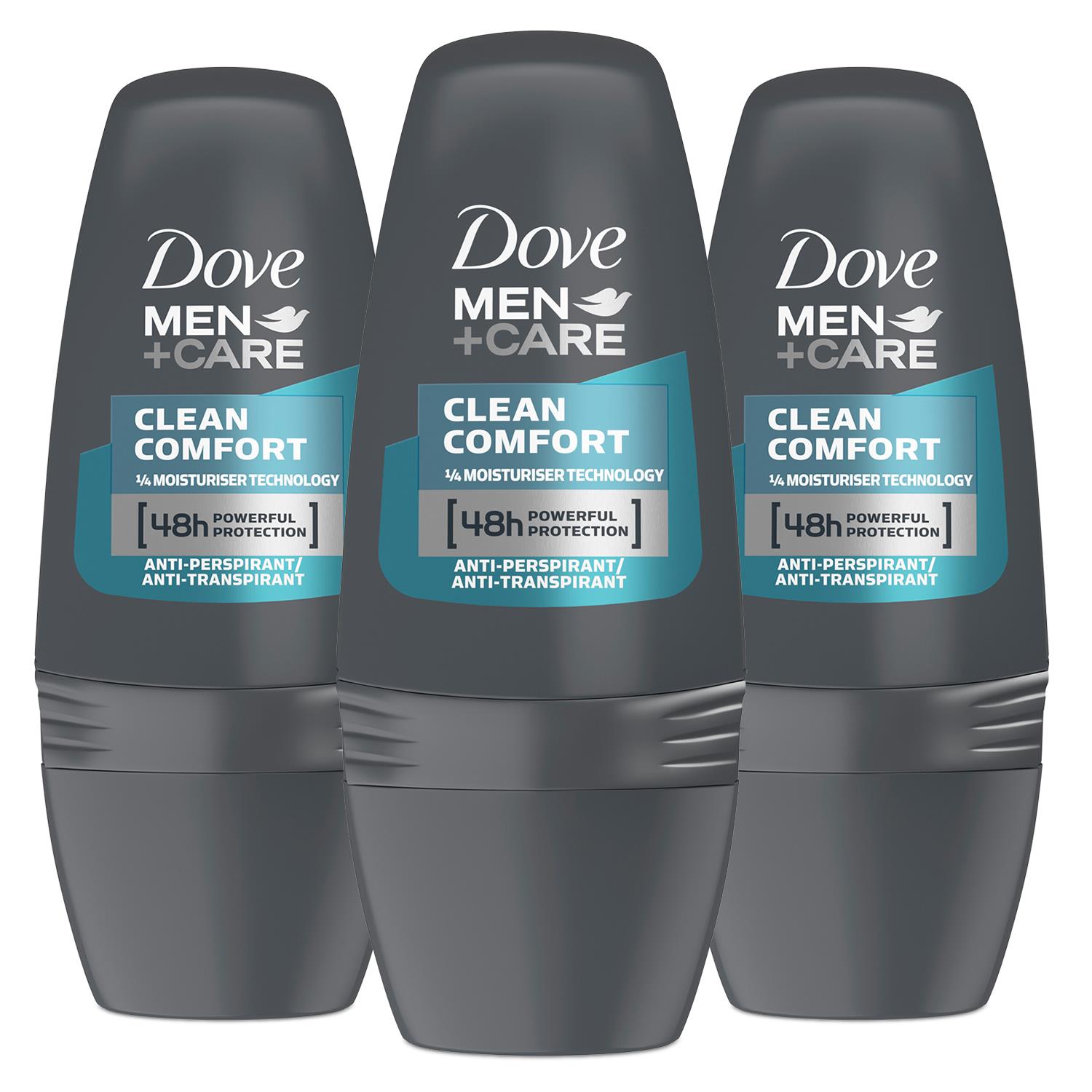 Dove Men+Care 48H Anti-Perspirant Deodorant Roll-On, Clean Comfort, 3Pk, 50ml - NA - One Size