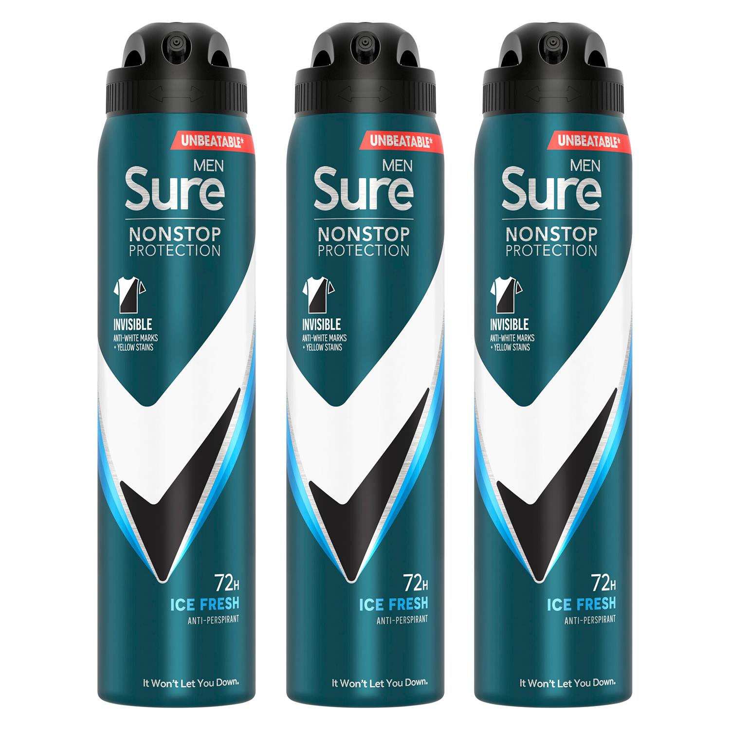 Sure Mens Men Antiperspirant 72H Nonstop Protection Invisible Ice Advance Deo 250ml, 3 Pack - One Size