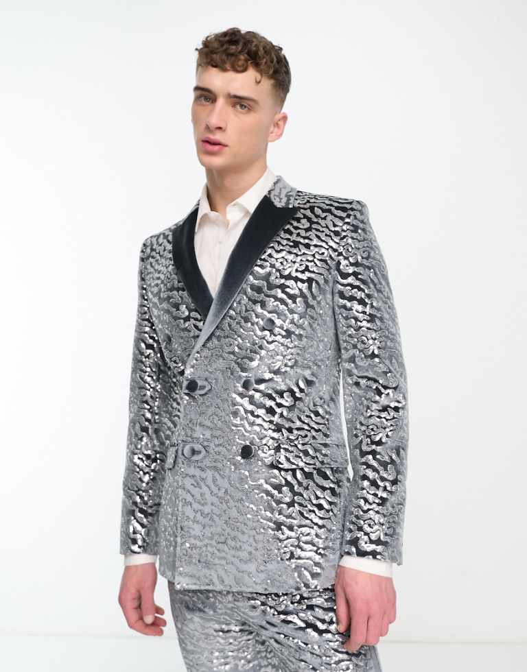 ASOS DESIGN Mens super skinny velvet sequin suit jacket in silver - Size 36 (Chest) Short