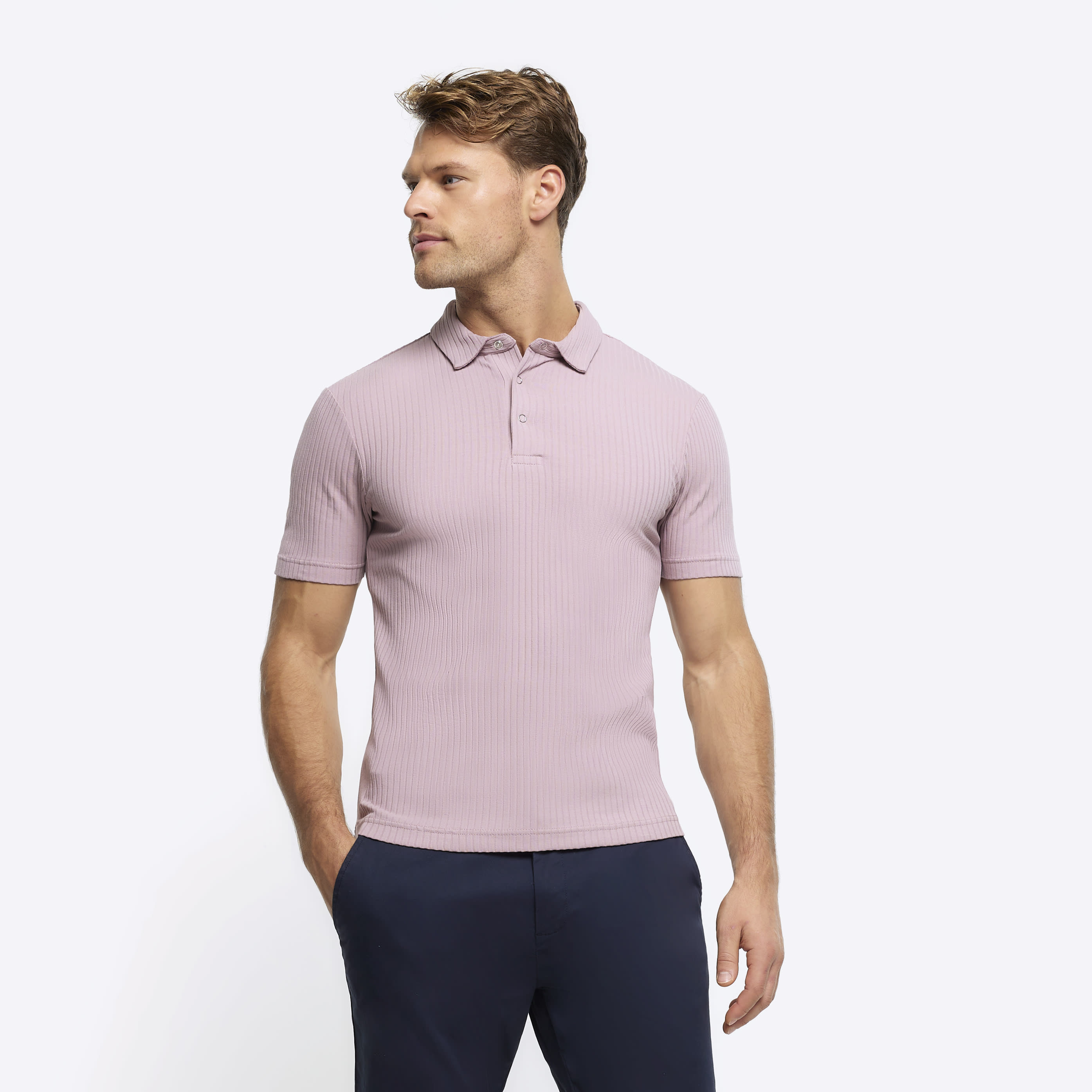 River Island Mens Polo Shirt Pink Muscle Fit Rib Short Sleeve material_cotton - Size 2XL