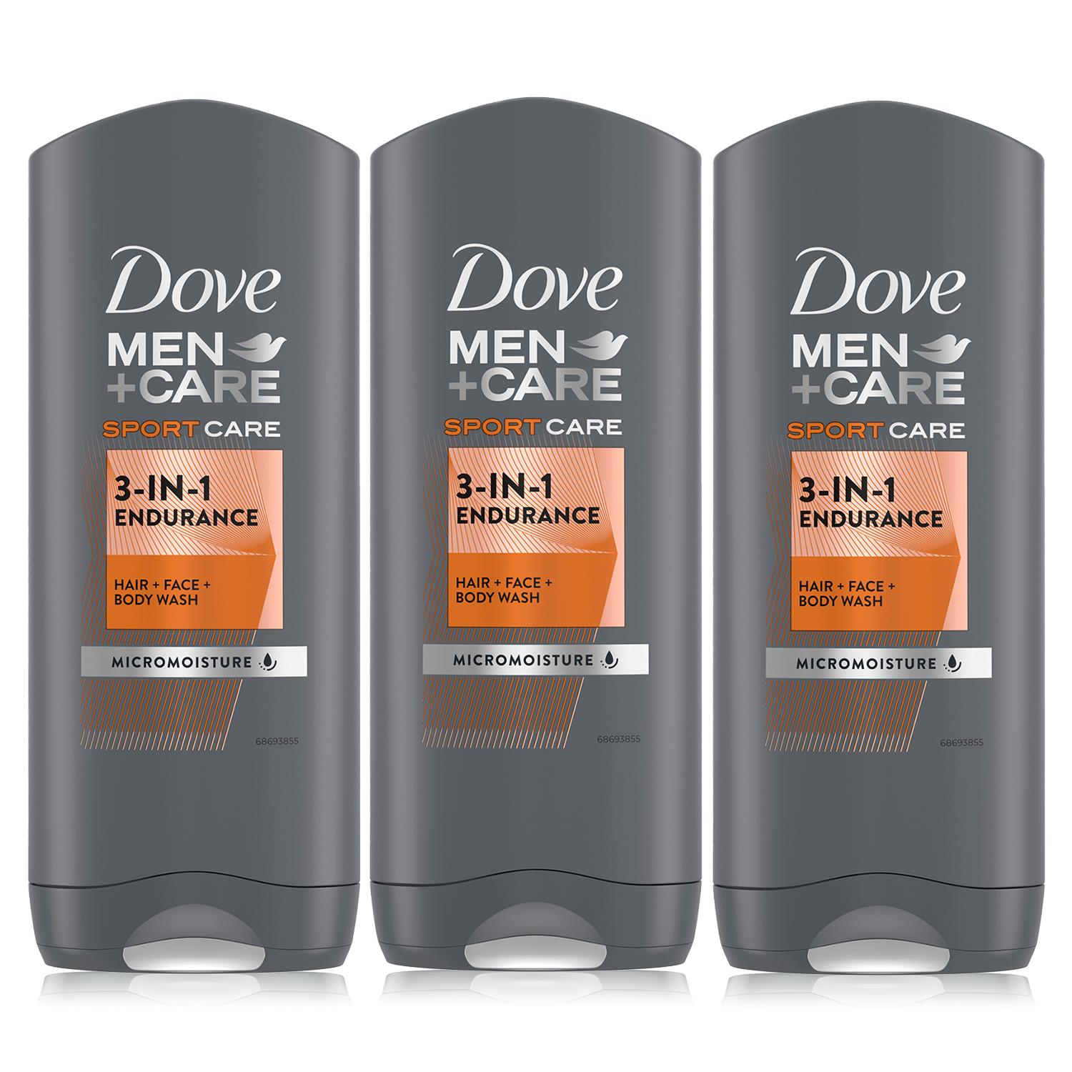 Dove Mens Men+Care Hair, Face & Body Wash, 3 in 1 Endurance, Micro Moisture, 3x400ml - Orange - One Size