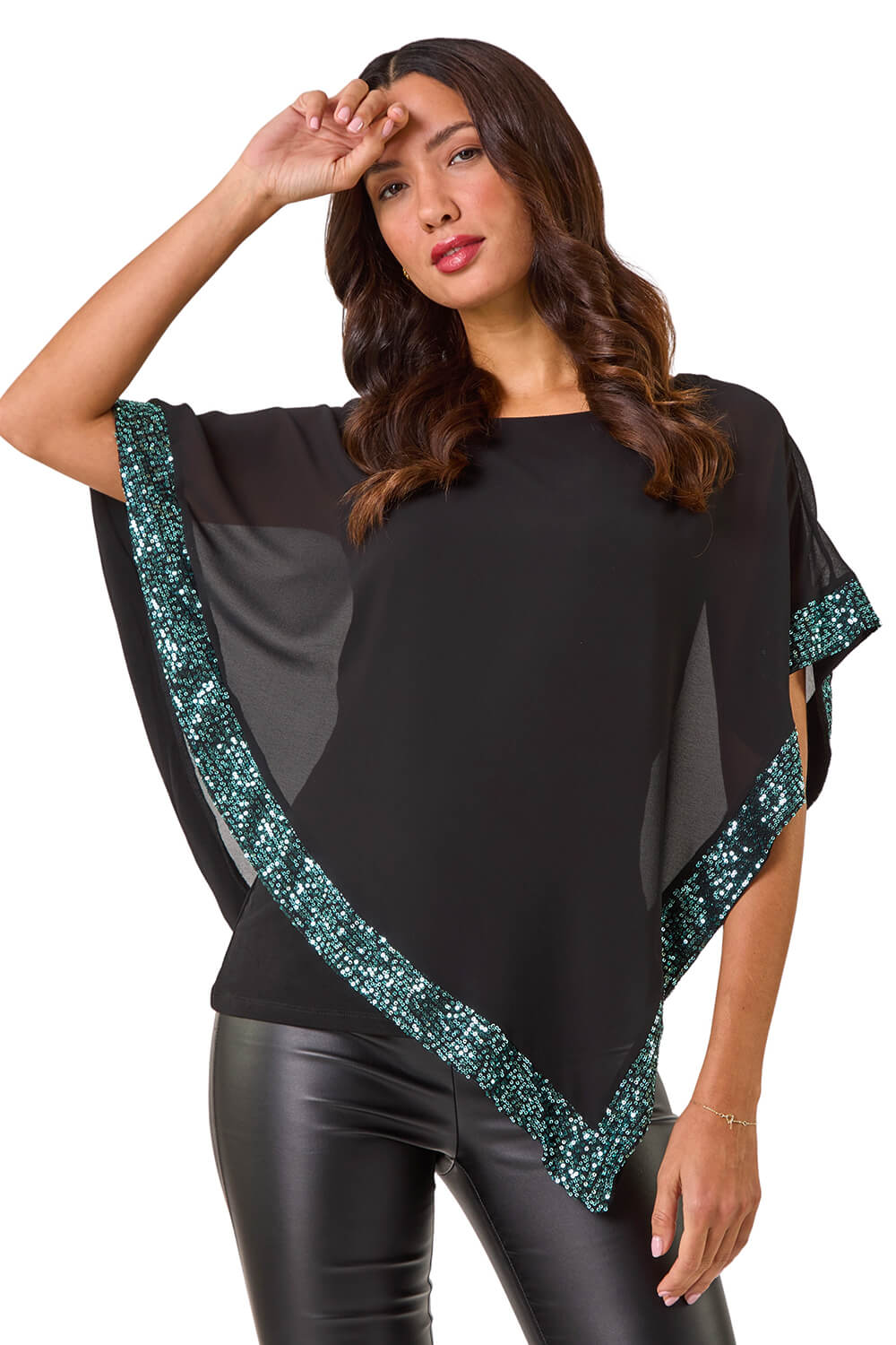 Roman Womens Sequin Hem Overlay Stretch Top - Green - Size 16 Uk