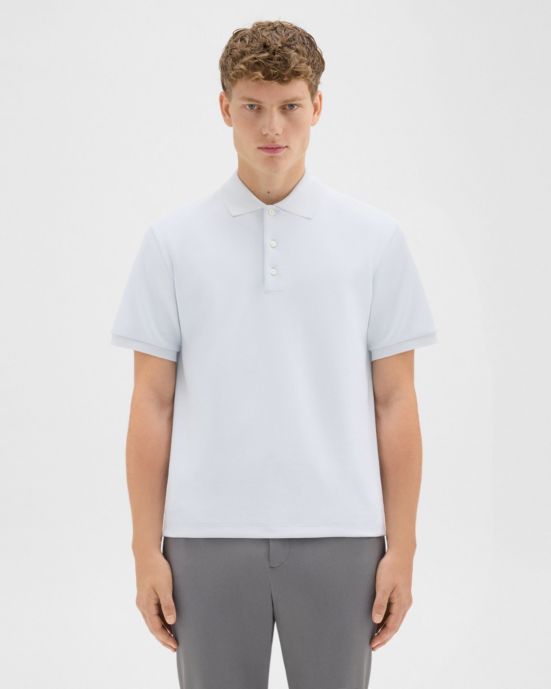 Theory Mens Jocelin Polo Shirt in Studio Knit Jacquard in Ice - Light Blue material_cotton - Size 2XL