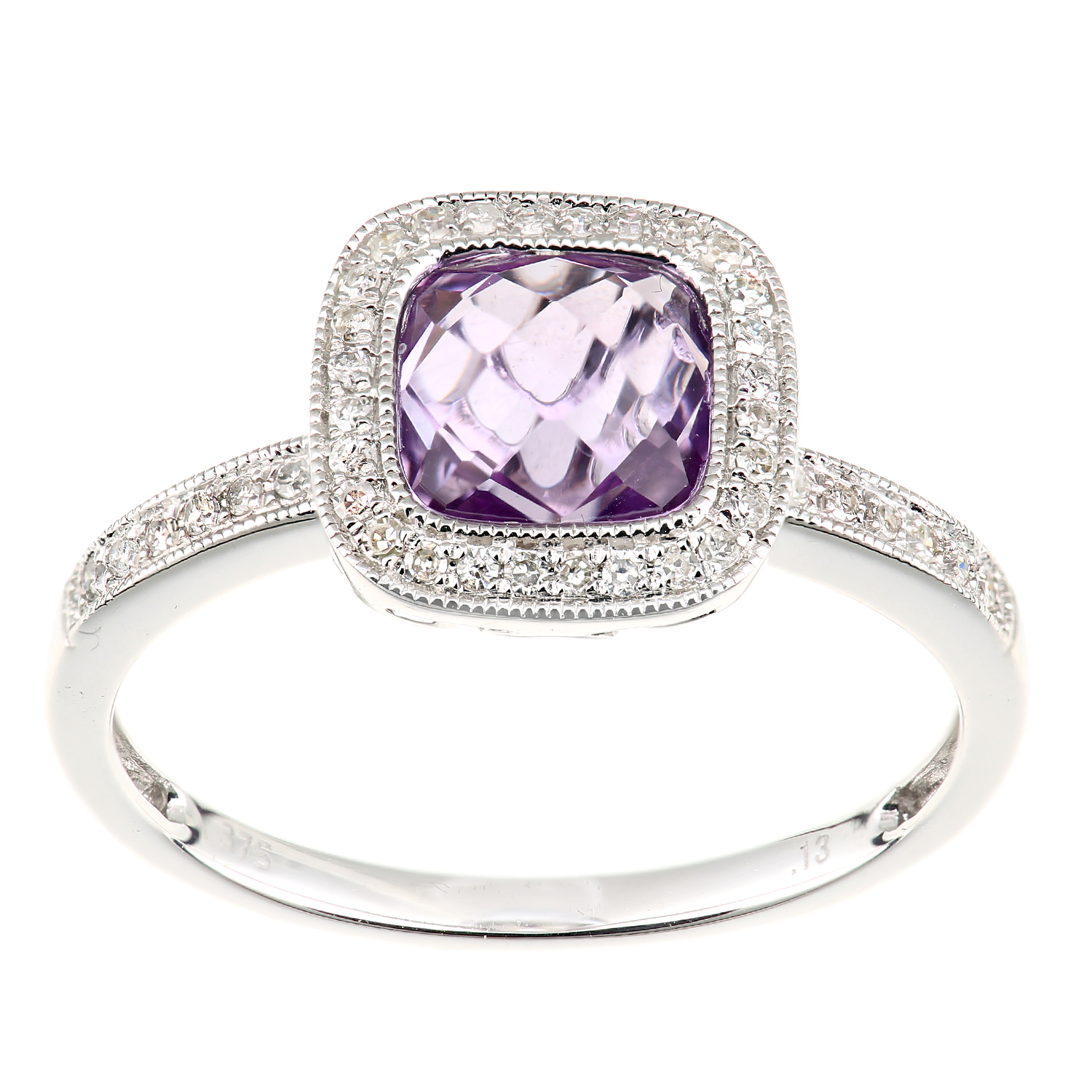 Diamant L'Eternel Womens 9ct White Gold Diamond and Amethyst Square Cut Gemstone Ring - Size Q