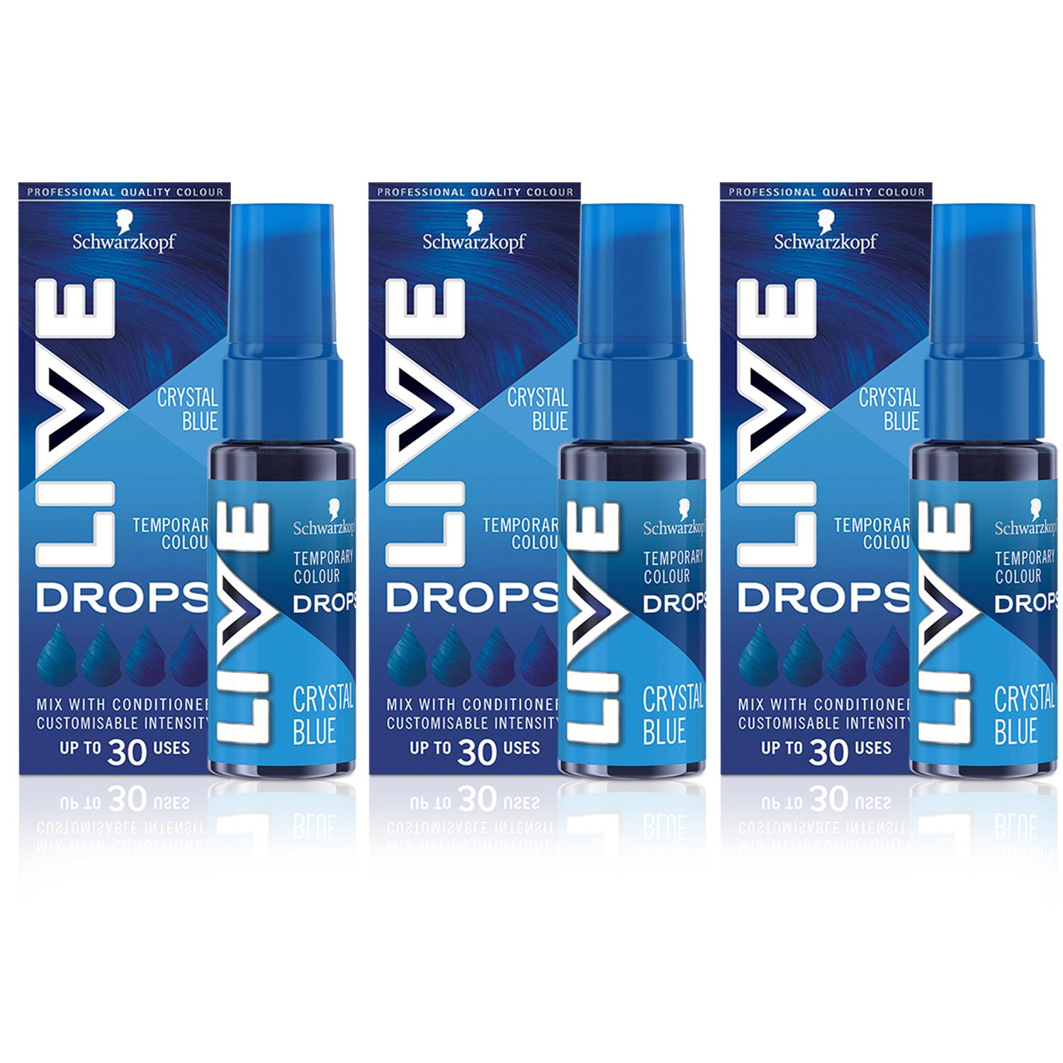 Schwarzkopf Womens LIVE Colour Drops Semi-Permanent Hair Dye, Crystal Blue 3 Pack - One Size