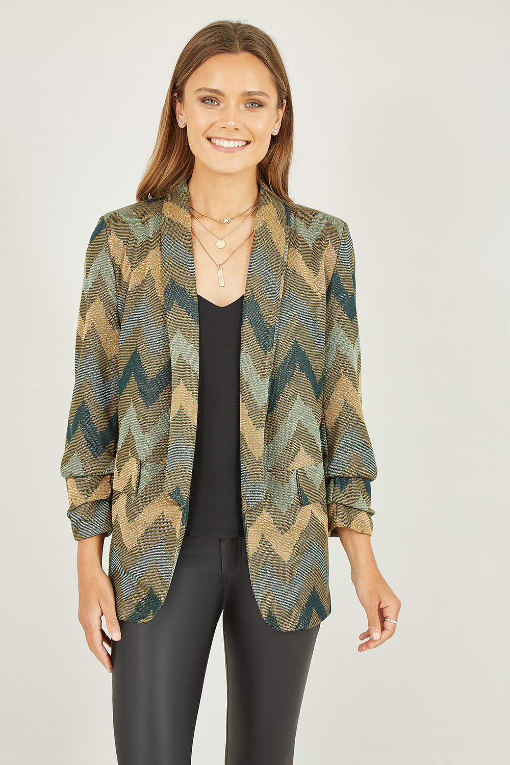 Yumi Womens Green Chevron Relaxed Fit Blazer Viscose - Size 8 UK