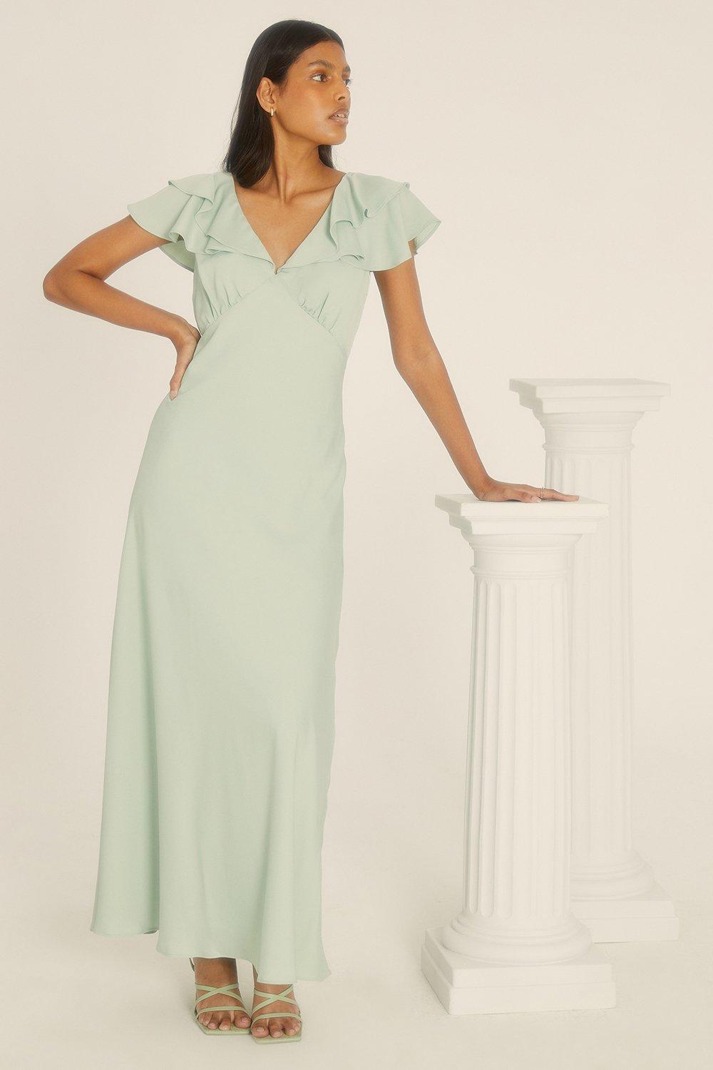 Oasis Womens Petite Frill V Neck Satin Bias Midaxi Dress - Sage Green material_polyester - Size 14 UK