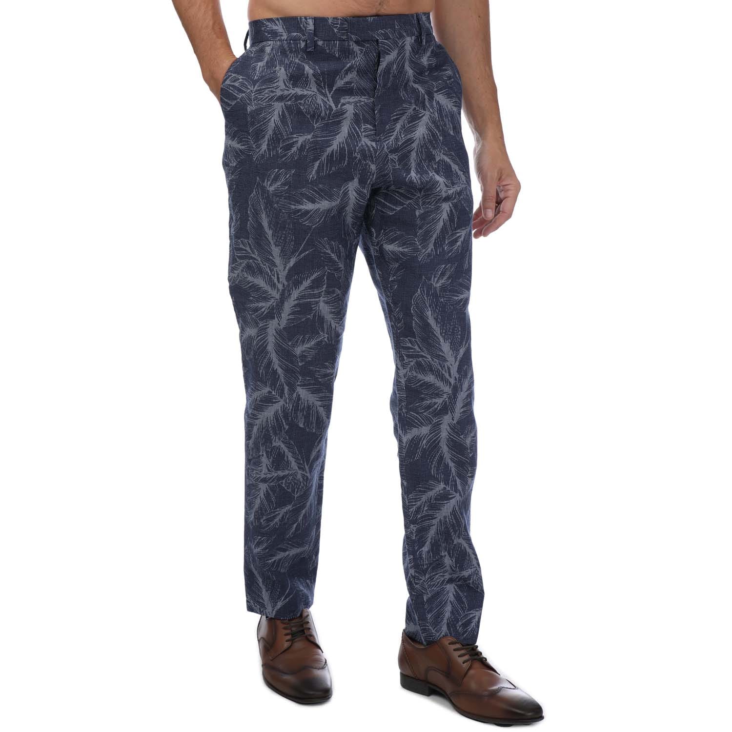 Ted Baker Mens Postot Cotton Linen Printed Trousers in Navy material_textile - Size 38W/32L