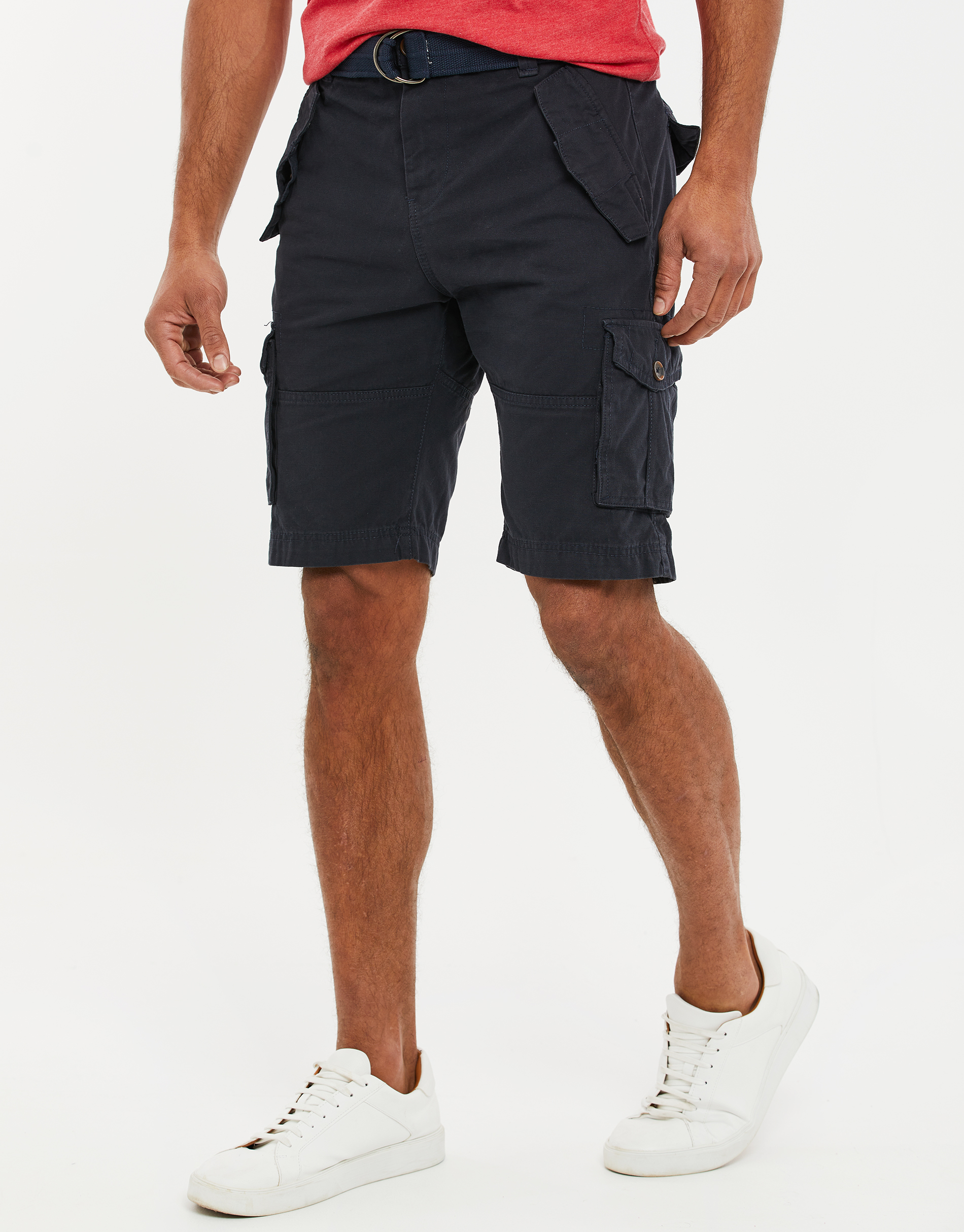 Threadbare Mens Cotton 'Biscay' Cargo Shorts with Belt - Navy - Size 30W/32L