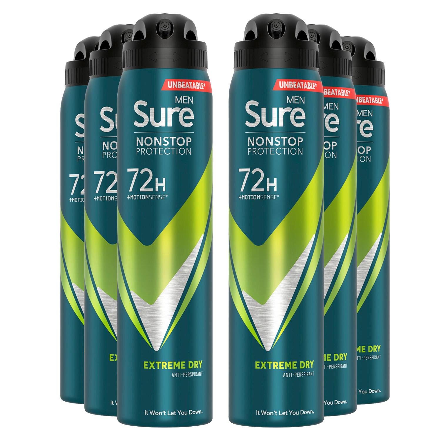 Sure Mens Men Anti-perspirant 72H Nonstop Protection Extreme Dry Deodorant 250ml, 6 Pack - NA - One Size