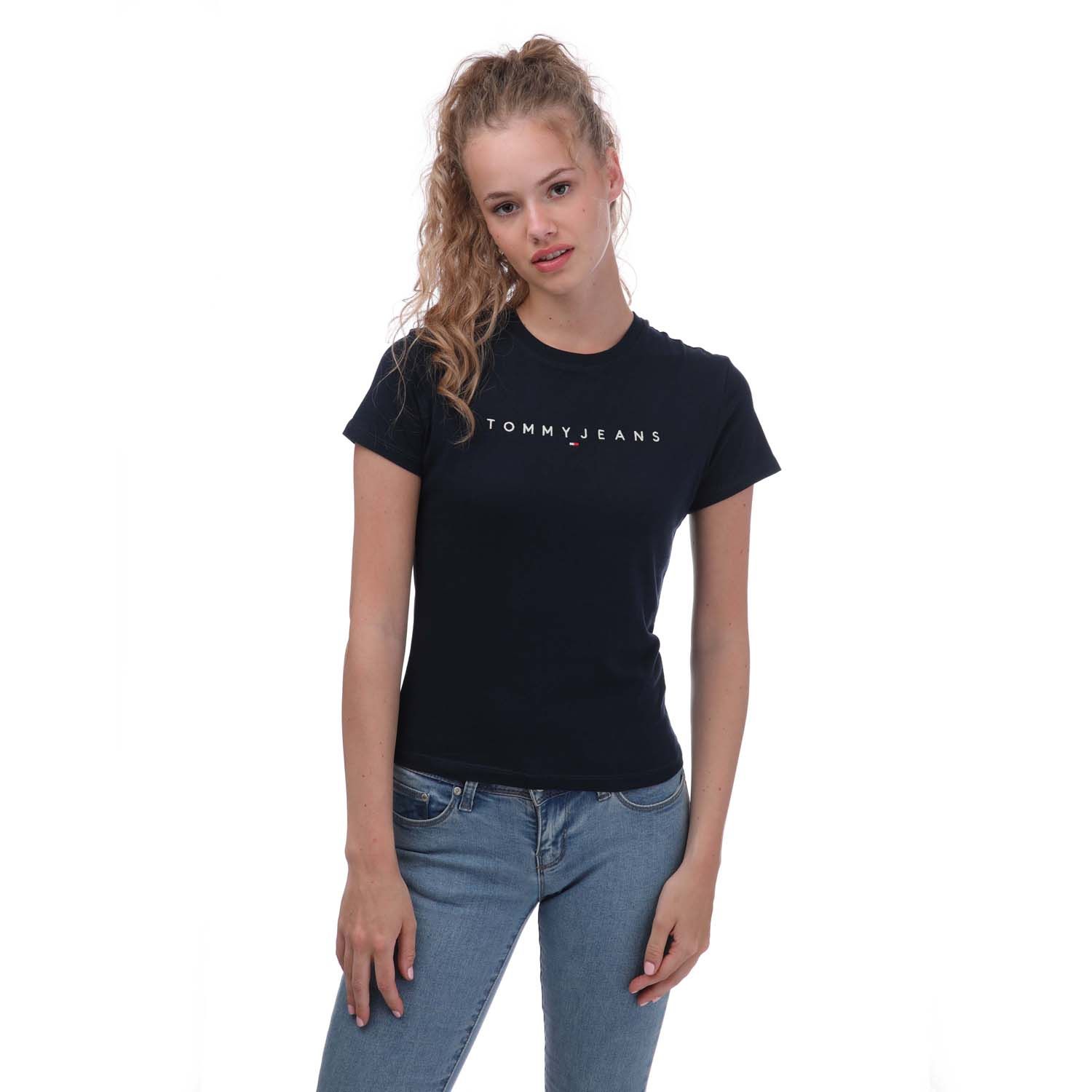 Tommy Hilfiger Womenss Slim Fit Linear T-Shirt in Navy Cotton - Size X-Small