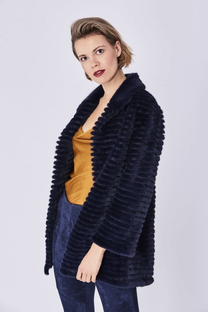 Jayley Womens Ribbed Faux Fur Coat - Blue - One Size