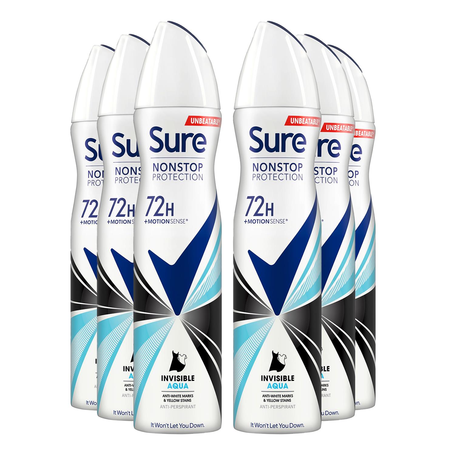 Sure Womens Women Anti-perspirant 72H Nonstop Protection Invisible Aqua Deo 250ml, 6 Pack - White - One Size