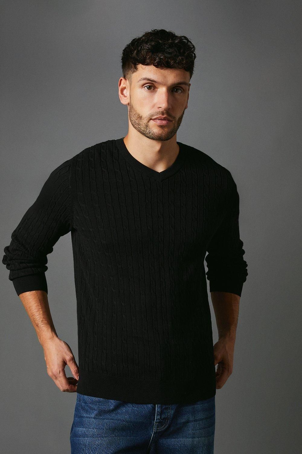 Maine Mens Premium Pure Cotton Cable V-neck Jumper - Black - Size Medium