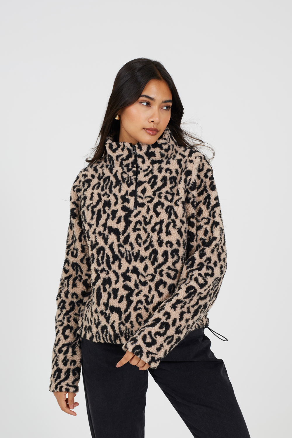 Brave Soul Womens Tan Half Zip Leopard Print Sherpa Fleece Sweatshirt - Size Medium