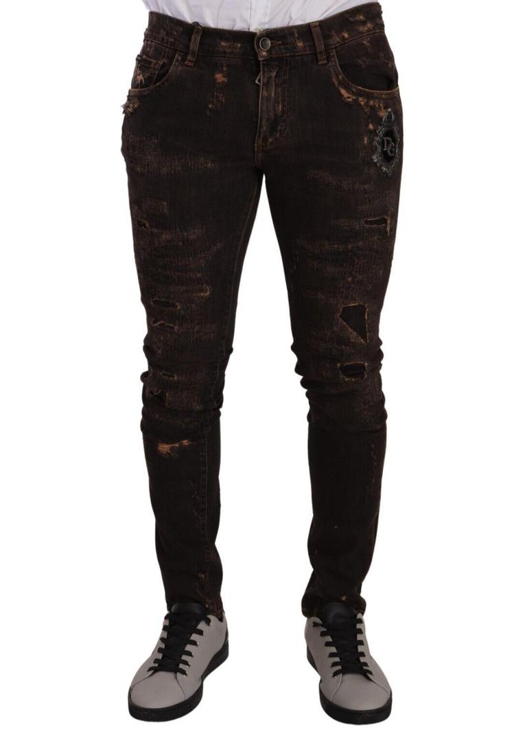 Dolce & Gabbana Mens Brown Distressed Slim Fit Skinny Denim Jeans material_cotton - Size IT 48 (Mens)