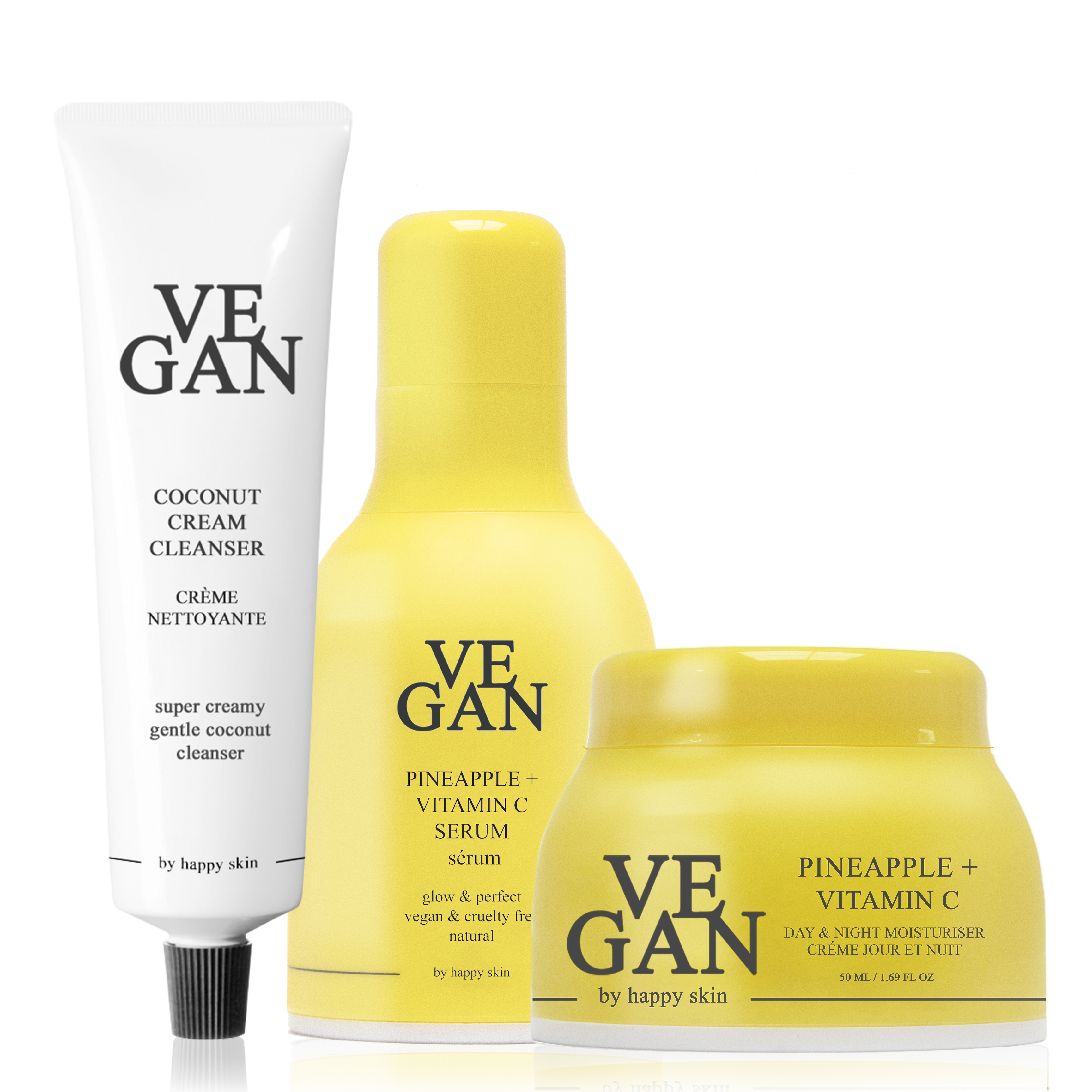 Vegan by Happy Skin Unisex PINEAPPLE + VITAMIN C cream 50ml + + C serum 30ml + COCONUT cleanser 150ml - One Size