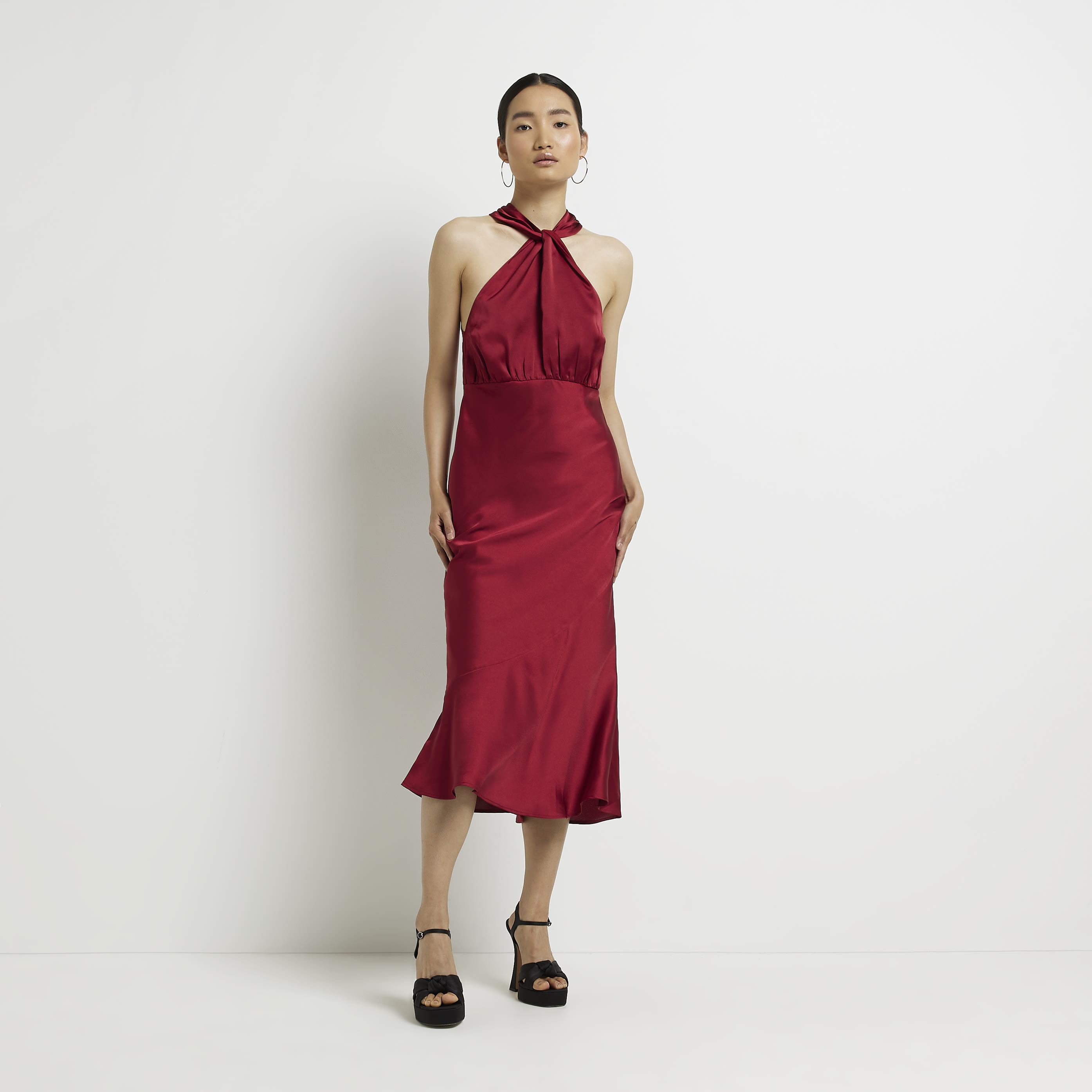 River Island Womens Midi Dress Red Satin Halter Neck - Size 10 UK