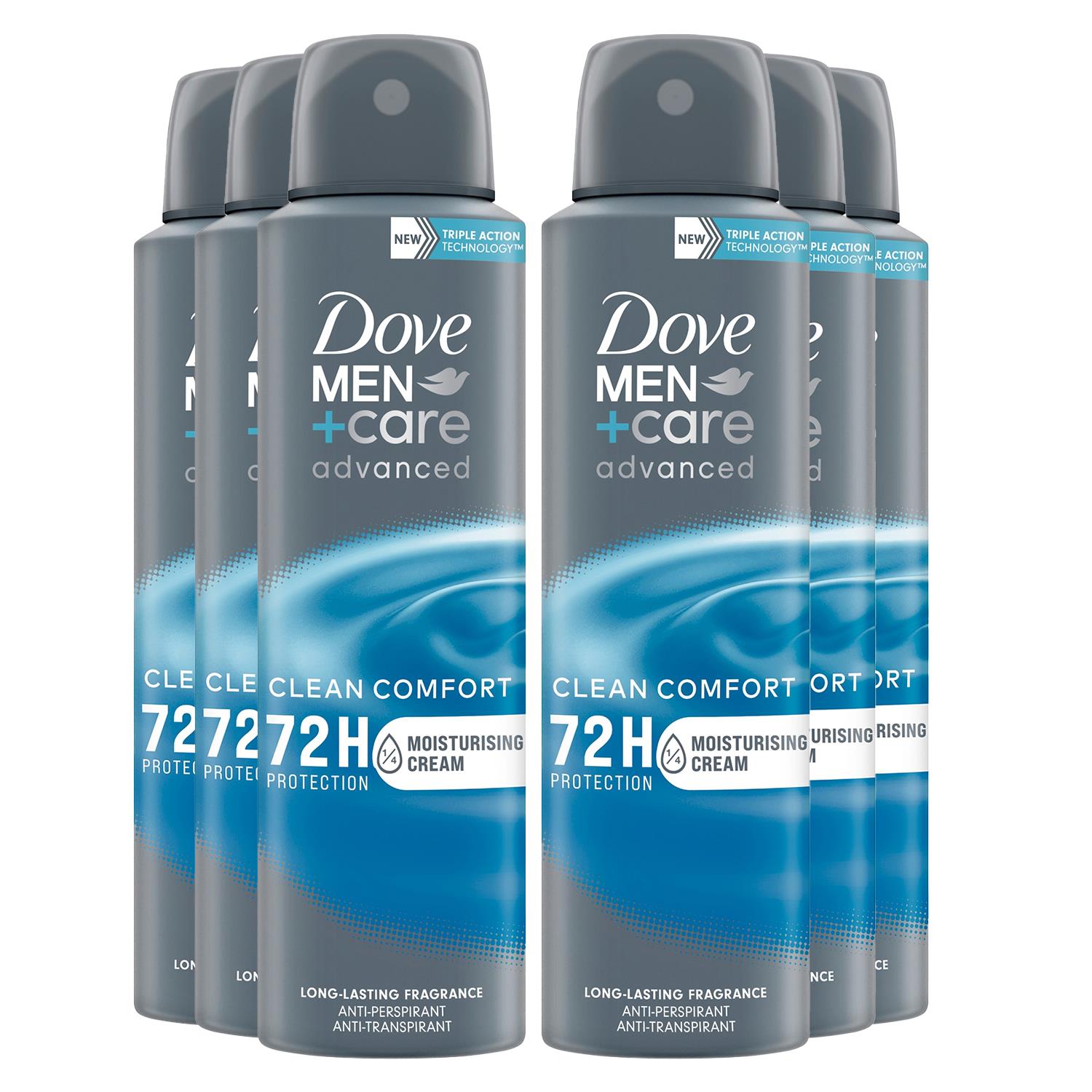 Dove Mens Men+Care Antiperspirant Deodorant 72H Protection, Clean Comfort 150 ml, 6 Pack - One Size