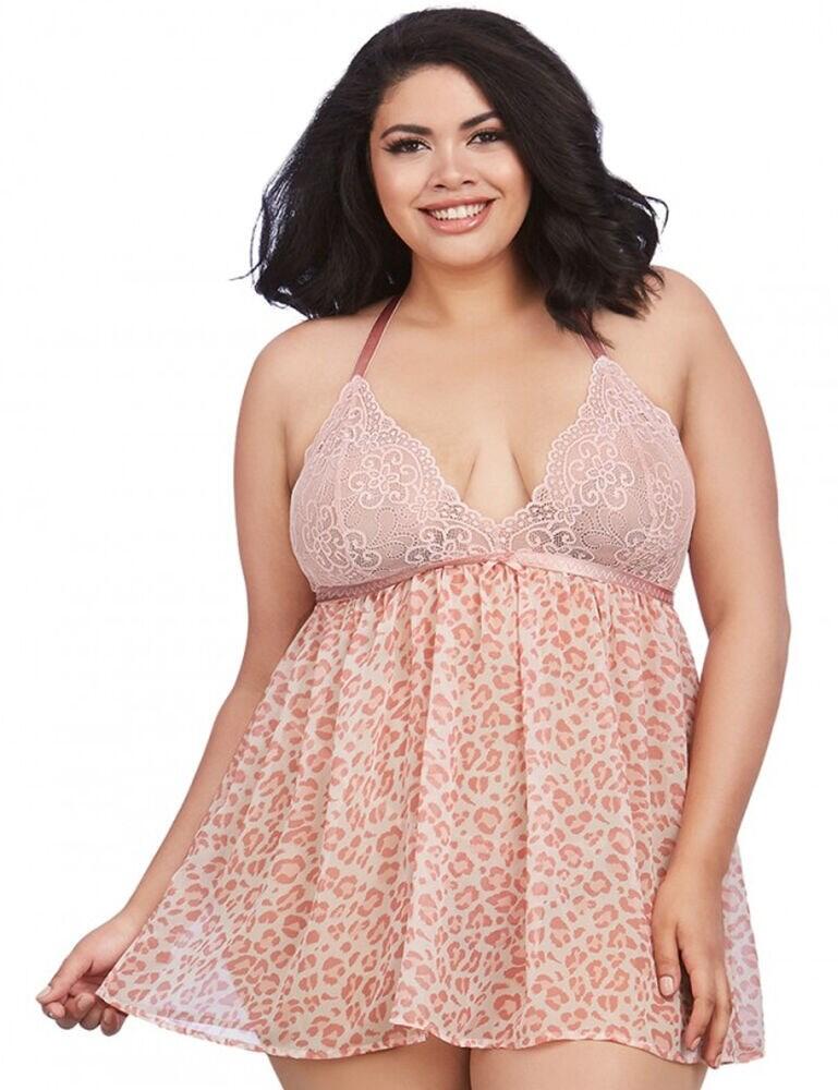 Dreamgirl Womens Plus Size Stretch Lace Babydoll & Thong Set - Pink - Size 2XL