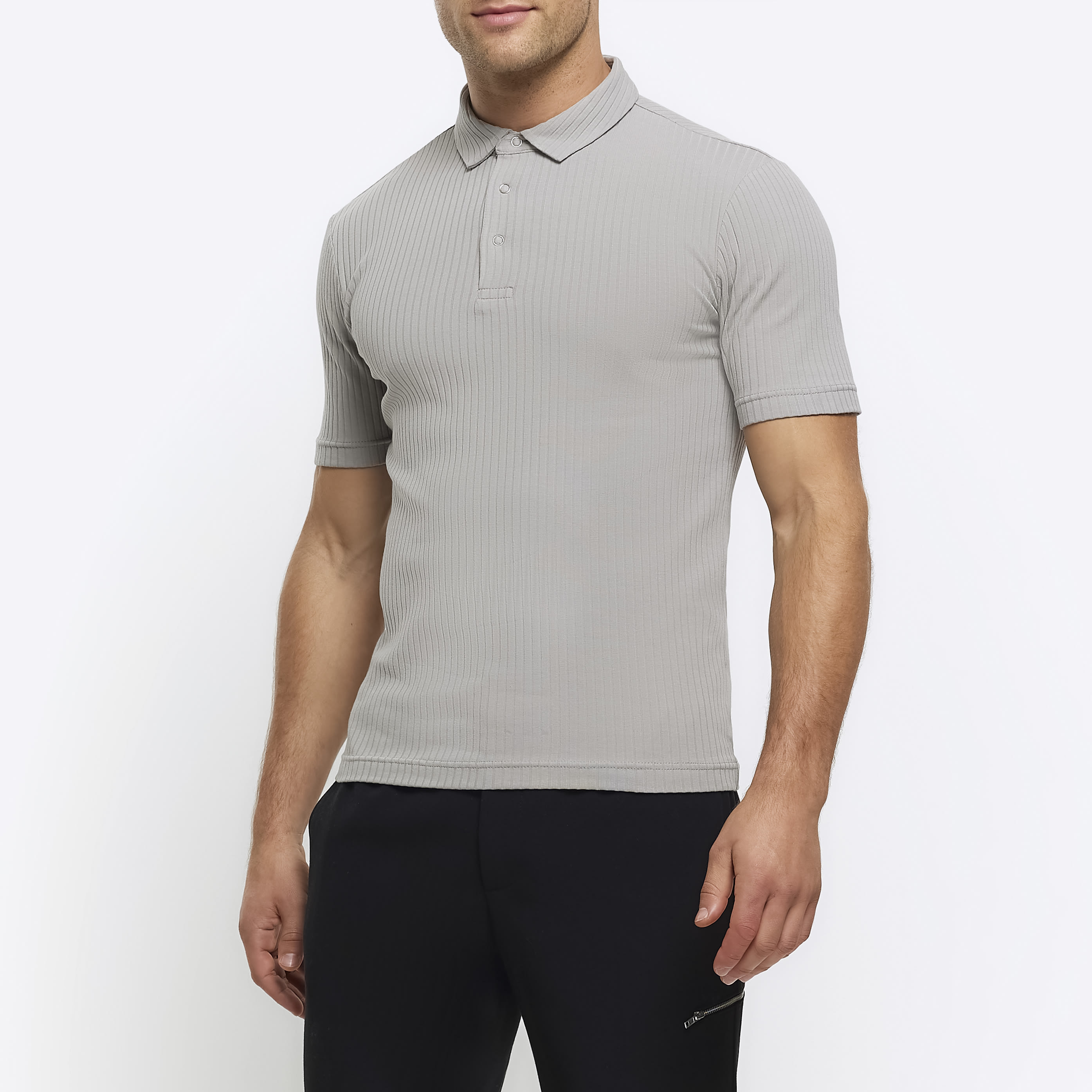 River Island Mens Polo Shirt Grey Muscle Fit Rib Short Sleeve - Light Grey material_cotton - Size Large