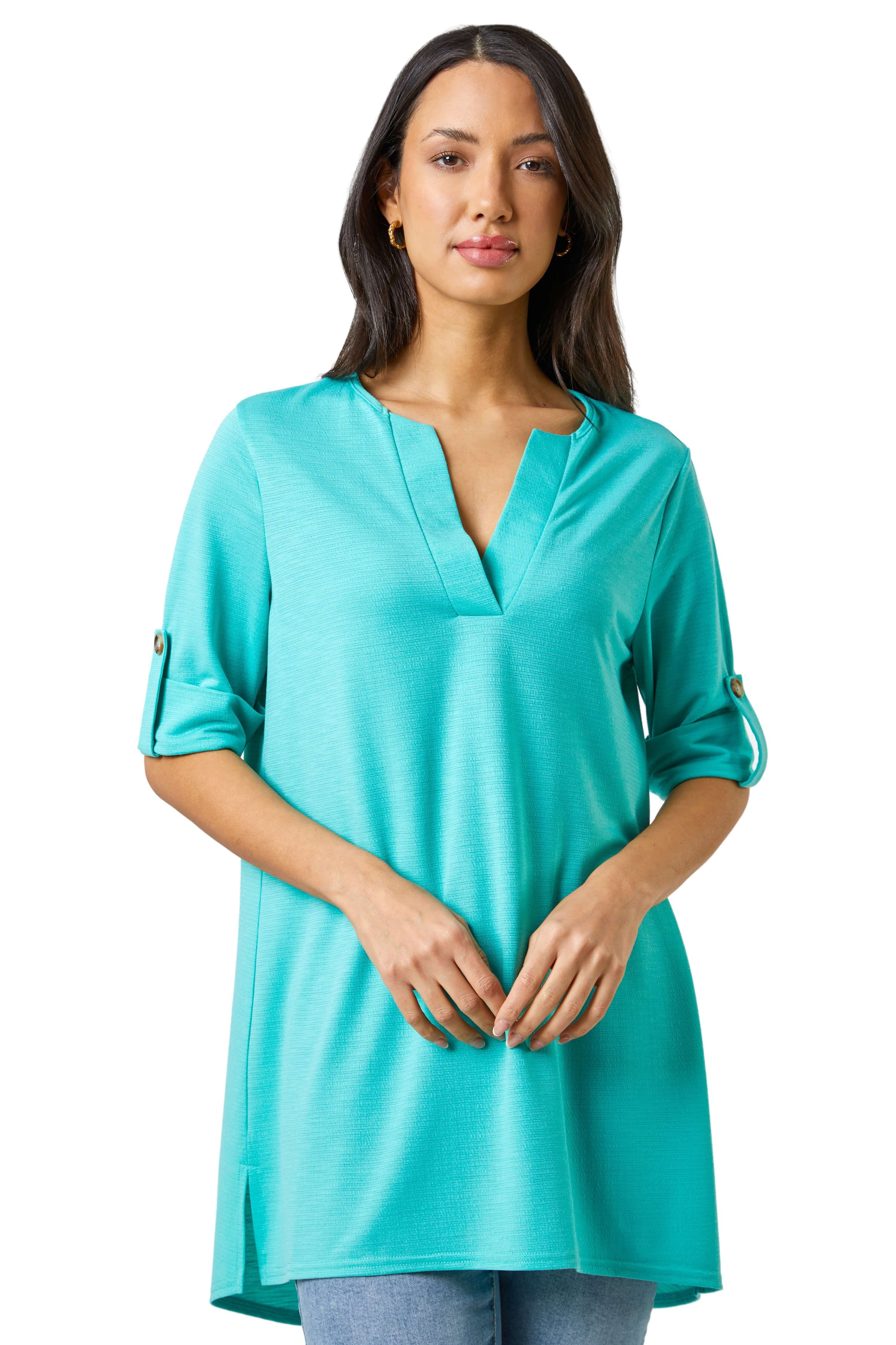 Roman Womens Textured Notch Neck Top - Teal Denim - Size 12 UK