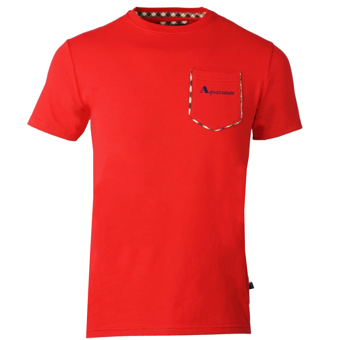 Aquascutum Mens Check Pocket Trim Red T-Shirt Cotton - Size Small