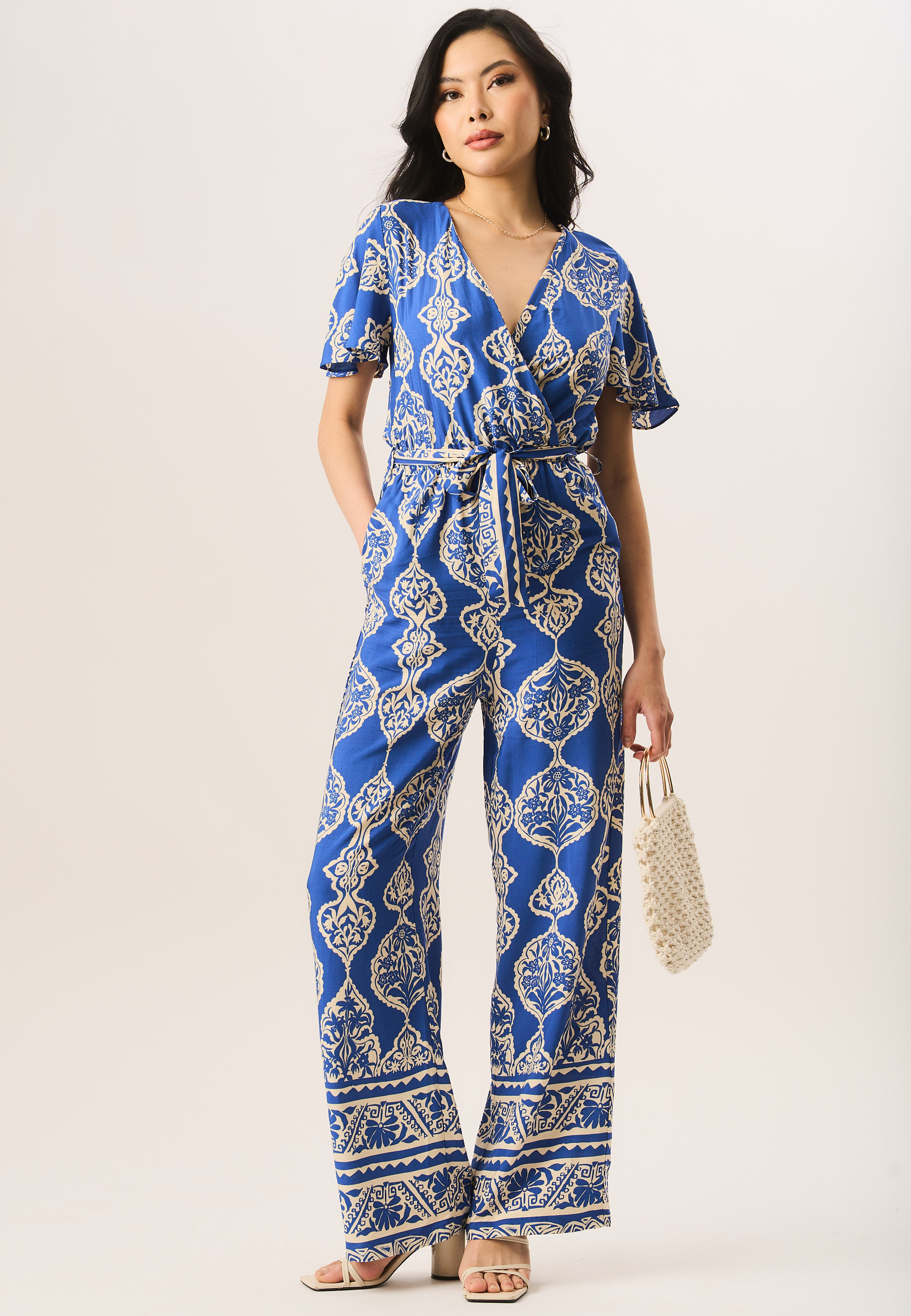 Gini London Womens Angel Sleeve Wrap Look Jumpsuit - Blue viscose - Size 12 UK