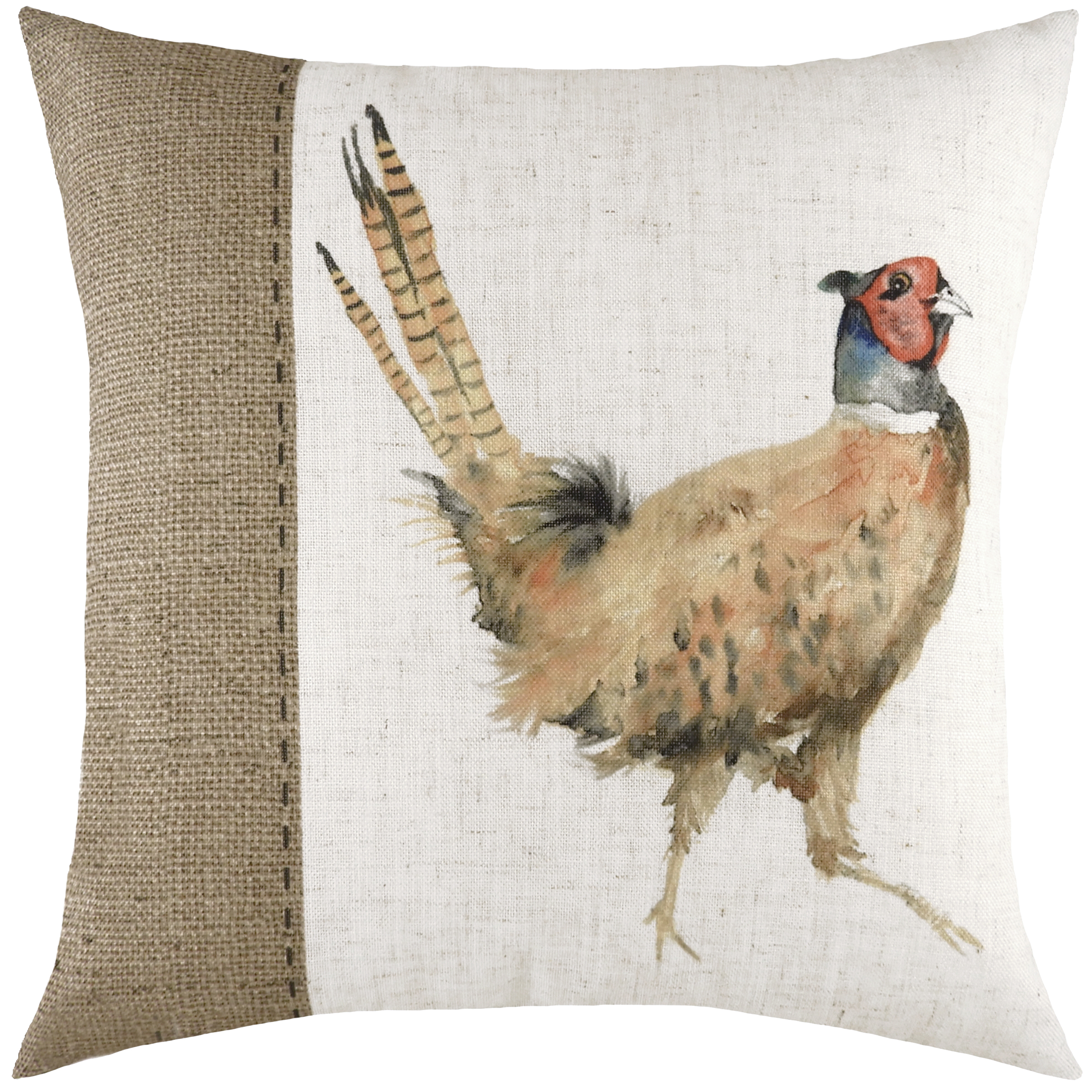 Evans Lichfield Hessian Pheasant Watercolour Printed Square Cushion Cover - White - One Size