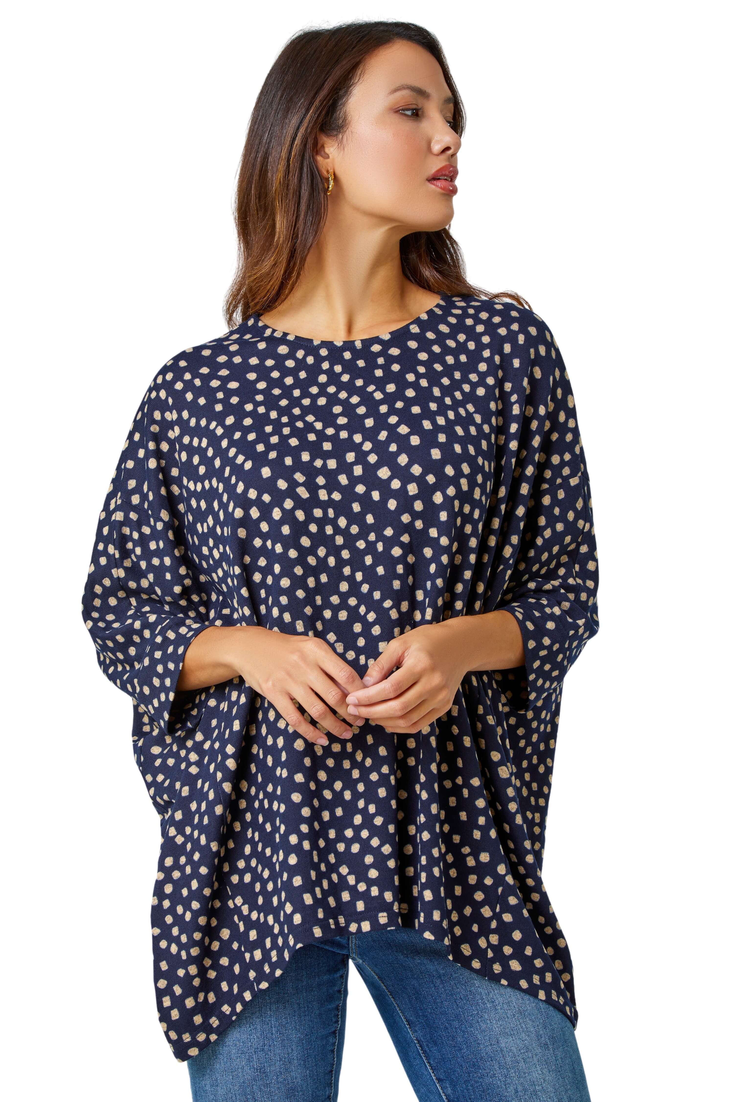 Roman Womens Spot Print Hanky Hem Stretch Top - Navy - Size 10 UK