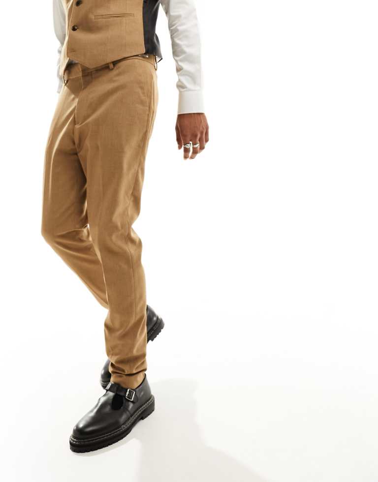 ASOS DESIGN Mens skinny suit trouser in camel in micro texture-Brown - Size 31W/30L